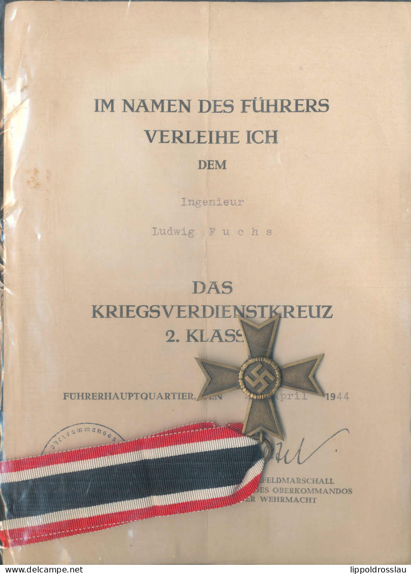 Kriegsverdienstkreuz 2. Klasse Mit Verleihungsurkunde 1944, Faksimile Keitel - Autres & Non Classés