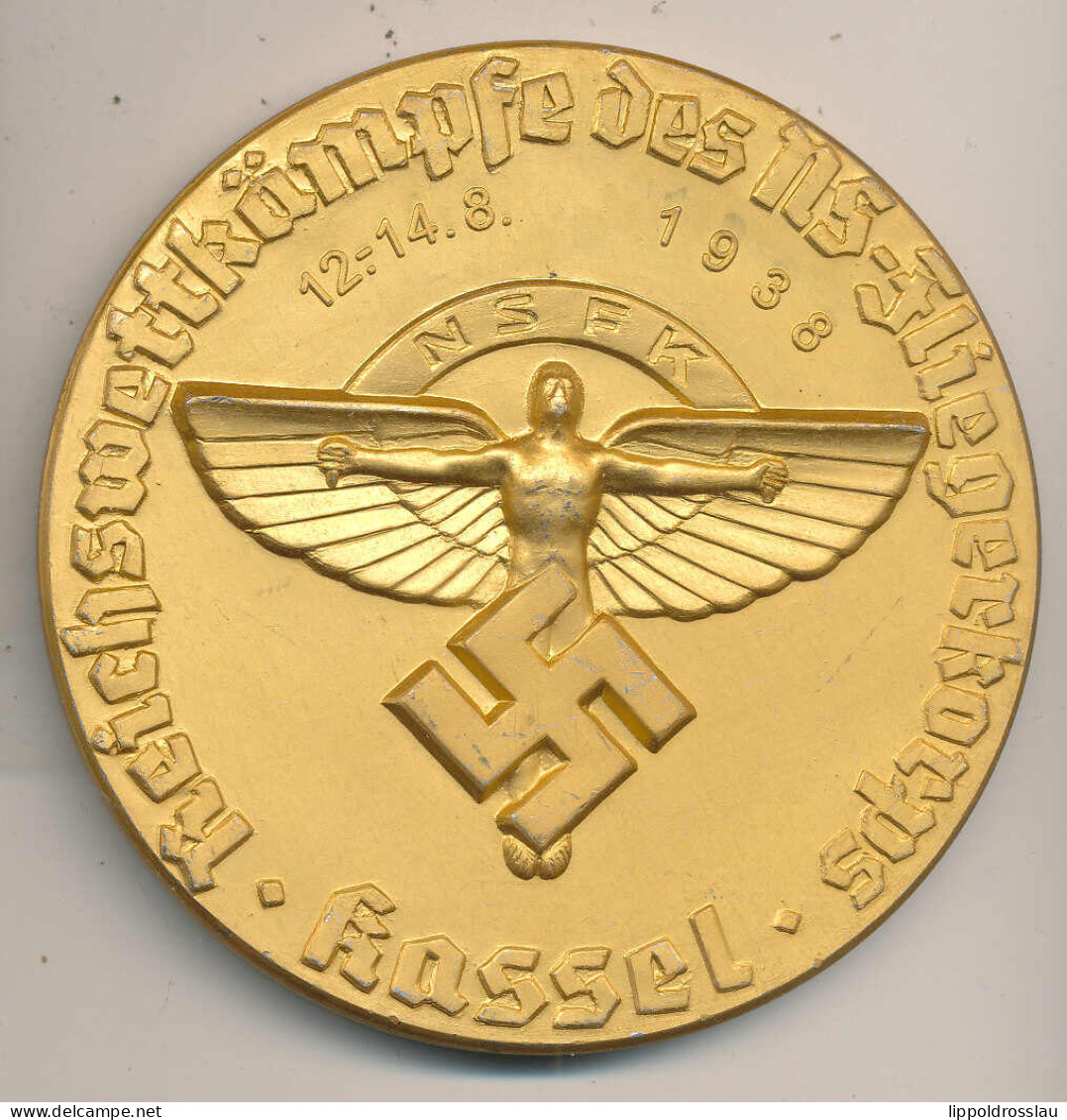 Plakette Reichswettkämpfe Des NS-Fliegerkorps 1938 In Kassel D 82 Mm, Weißmetall Bronciert - Other & Unclassified