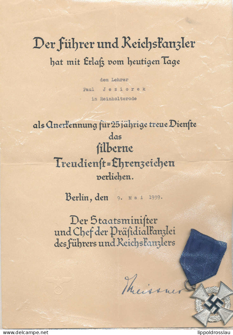 Treudienst-Ehrenzeichen In Silber 1929 Mit Urkunde 1935 - Autres & Non Classés