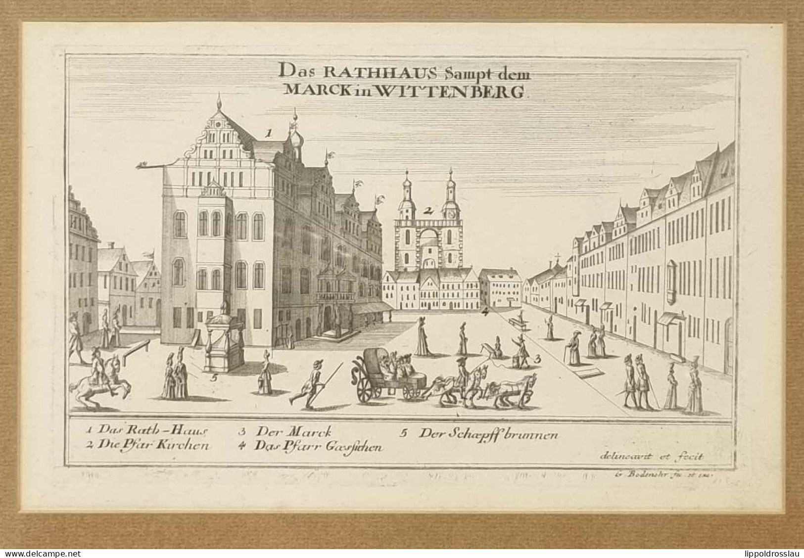 Wittenberg Kupferstich, Das Rathaus Samt Dem Marck, G. Bodenehr 29x19 Cm Um 1720 - Plakate