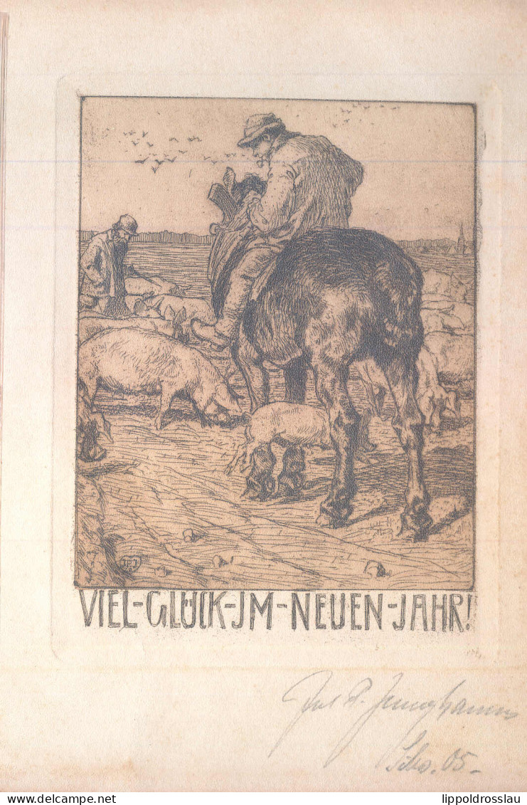 5 Stck. Radierungen 22x15,5 Cm, Viel Glück Im Neuen Jahr 1905-1909, Landwirtschaftliche Motive, Alle Orig. Sign. Julius  - Afiches