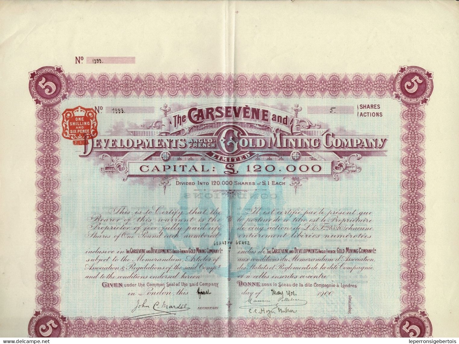 Titre De 1901 - The Carsevène And Developments Anglo-French Gold Mining Company - Déco - Mijnen