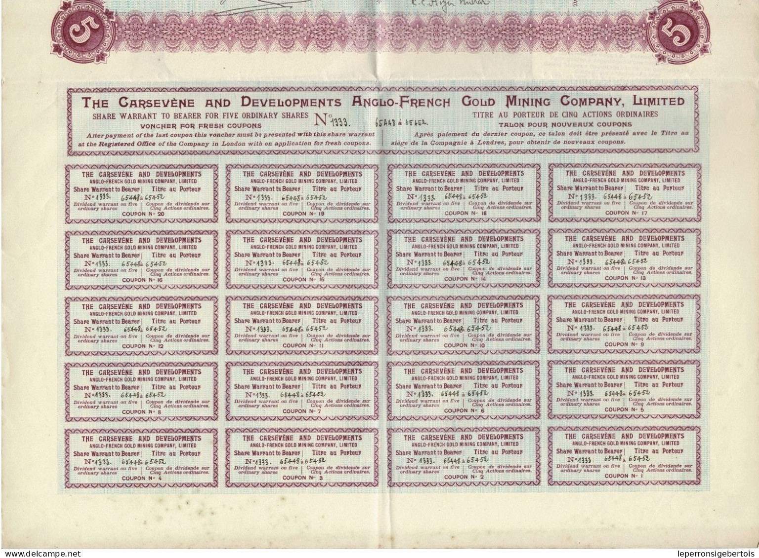 Titre De 1901 - The Carsevène And Developments Anglo-French Gold Mining Company - Déco - Mines