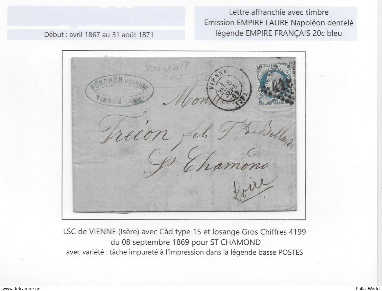 Lettre LSC 1869 Empire Lauré Napoleon 20c Bleu VARIETE Tache Impureté Dans Légende Basse POSTES VIENNE Isère GC 4199 - 1863-1870 Napoleone III Con Gli Allori