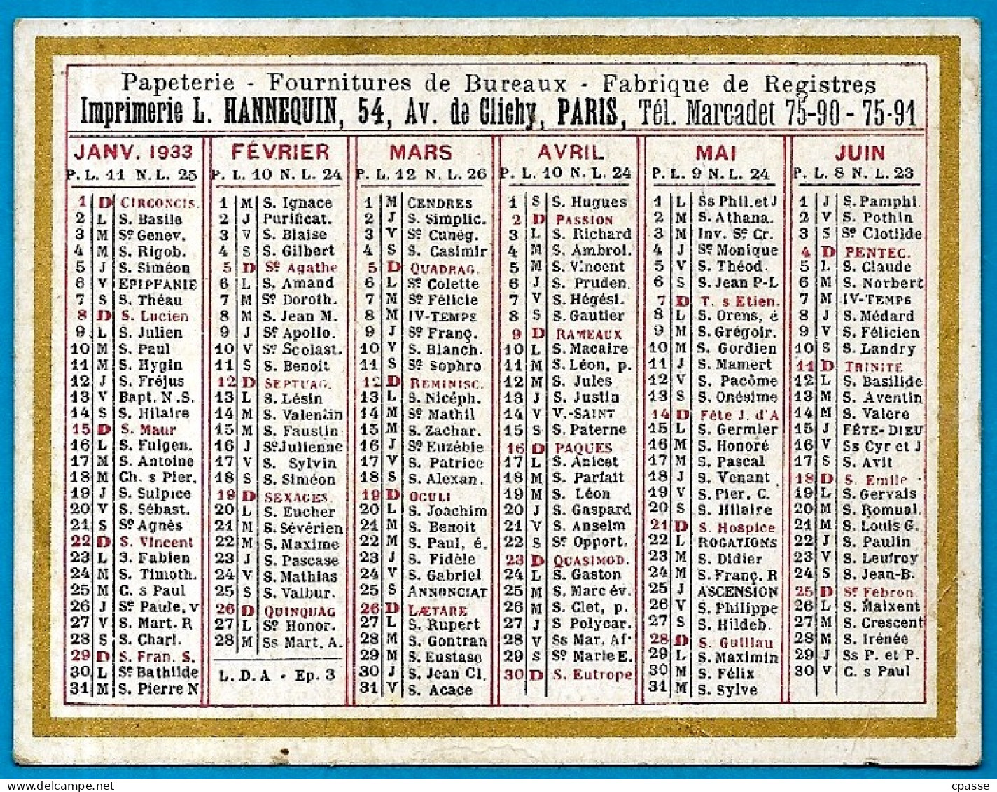 Calendrier Petit Format 1933 - Imprimerie L. HANNEQUIN, Avenue De Clichy 75018 Paris - Small : 1921-40