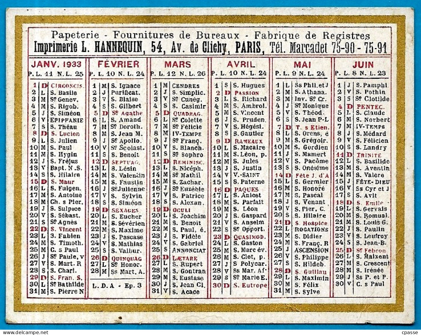 Calendrier Petit Format 1933 - Imprimerie L. HANNEQUIN, Avenue De Clichy 75018 Paris - Tamaño Pequeño : 1921-40