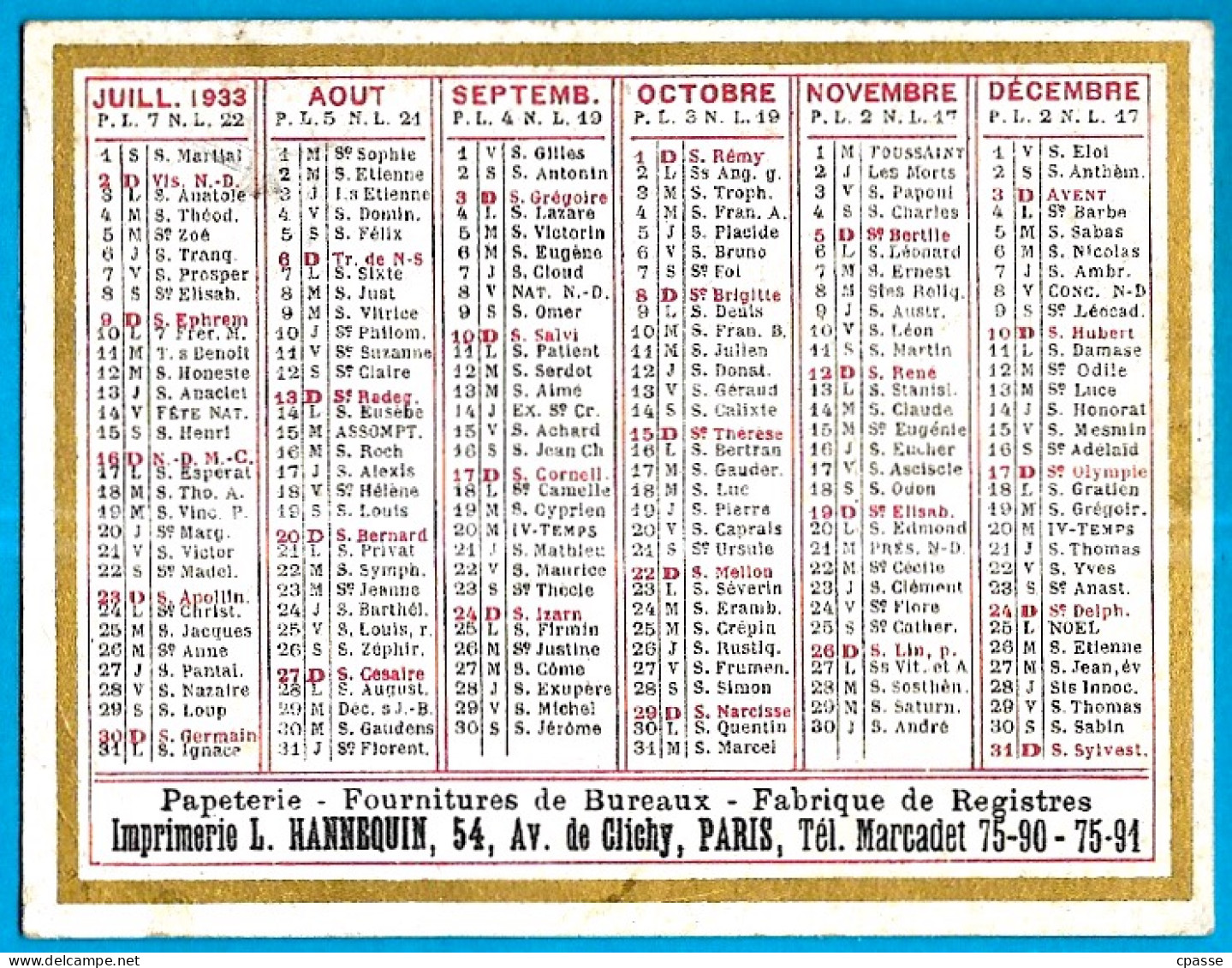 Calendrier Petit Format 1933 - Imprimerie L. HANNEQUIN, Avenue De Clichy 75018 Paris - Tamaño Pequeño : 1921-40