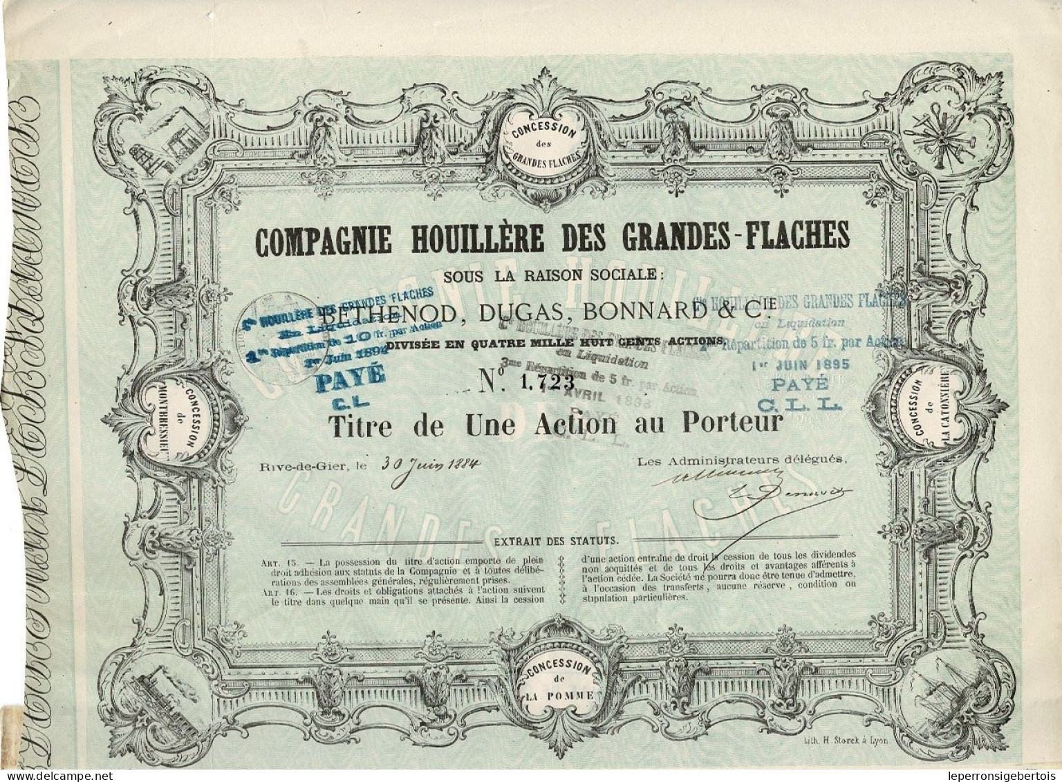 Titre De 1884 - Compagnie Houillère Des Grandes-Flaches Sous La Raison Sociale Bethenod, Bonnard & Cie - Déco - Mines