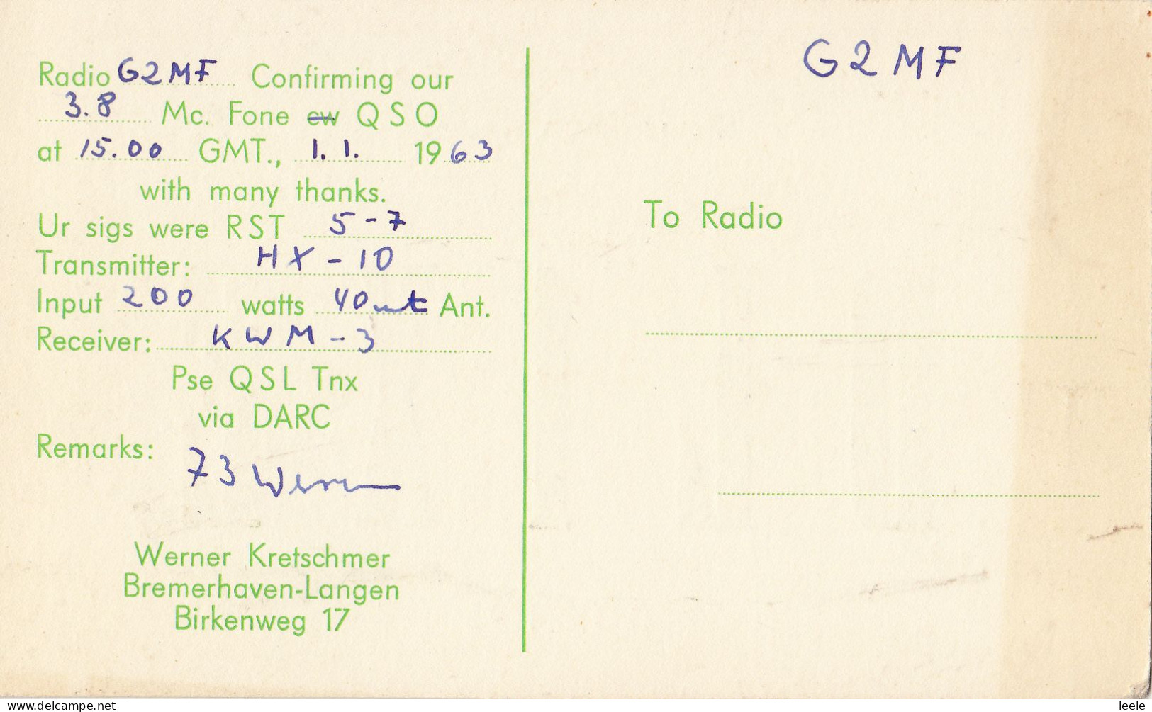 CK19. QSL Card. Radio Card. DL1XE - Bremerhaven, Germany. 1963 - Radio