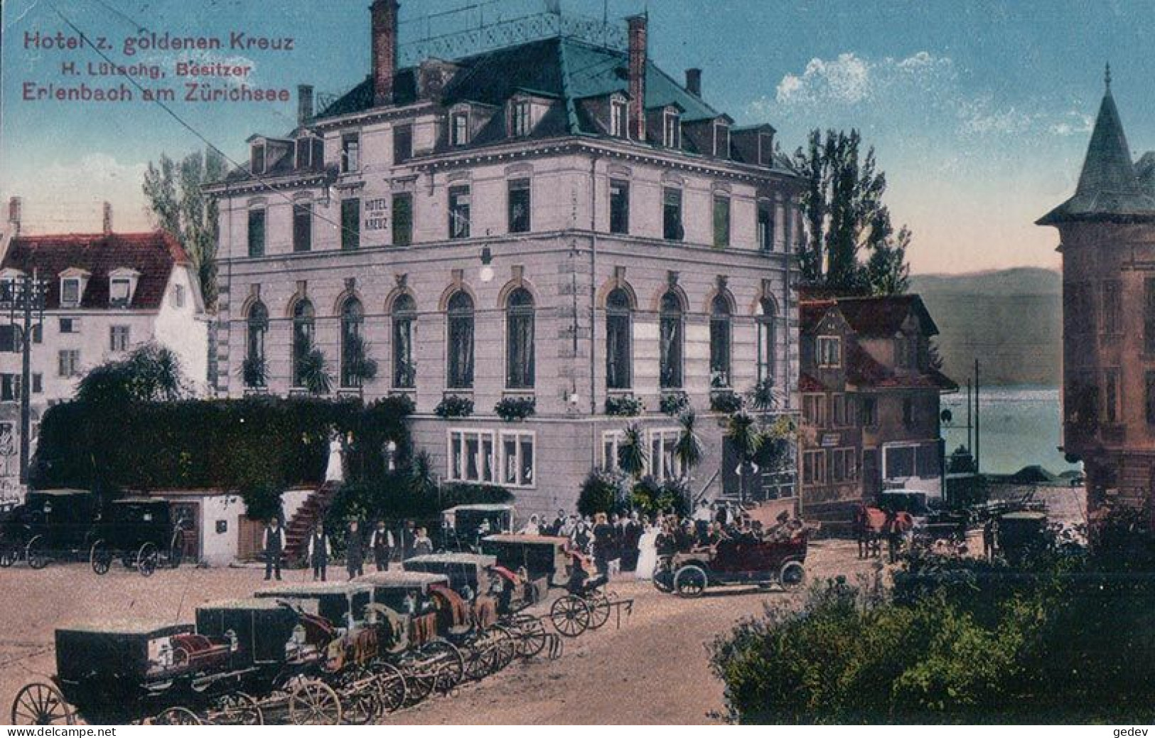 Erlenbach Am Zürichsee, Hotel Z. Goldenen Kreuz., Attelages Et Automobiles, H. Lütschg. Bezistzer (8.7.1918) - Erlenbach