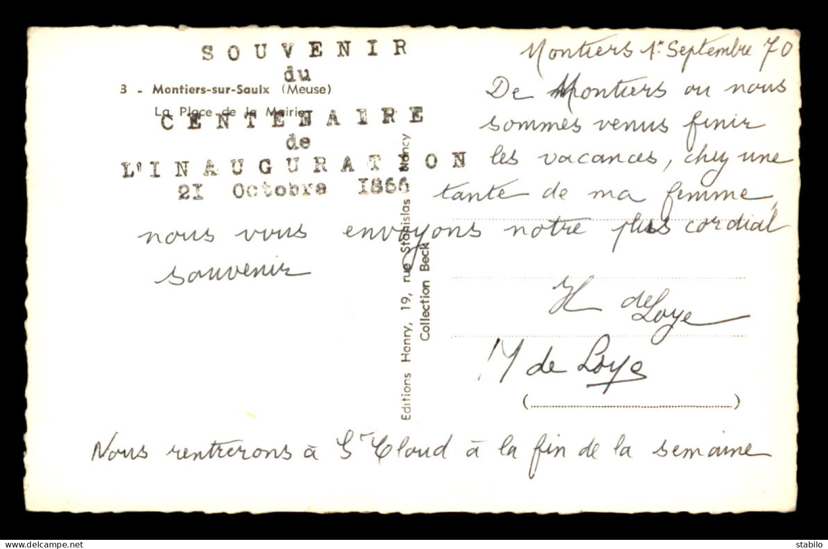 55 - MONTIERS-SUR-SAULX - LA PLACE ET LA MAIRIE - CACHET  SOUVENIR DU CENTENAIRE DE L'INAUGURATION 21 OCTOBRE 1866 - Montiers Sur Saulx