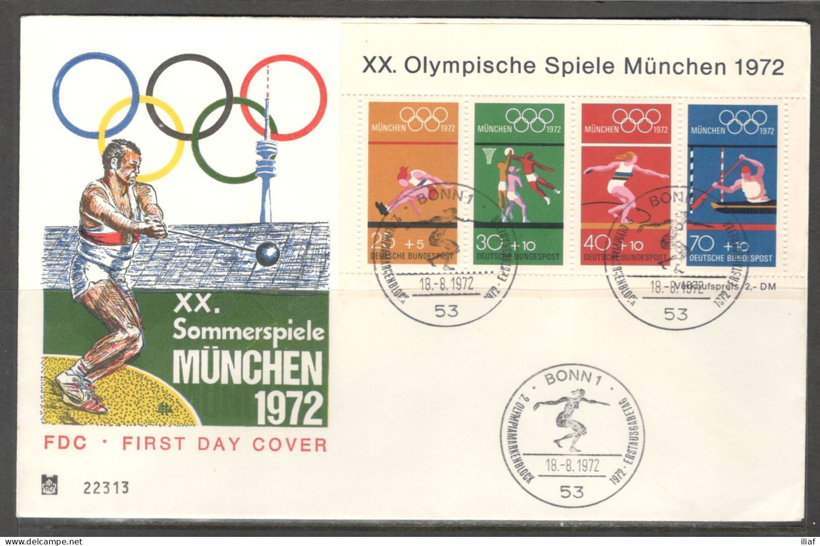 Germany. Sc. B490. Souvenir Sheet The 1972 Summer Olympics - Games Of The XX Olympiad. Discus Throw. Special Cancellatio - 1971-1980