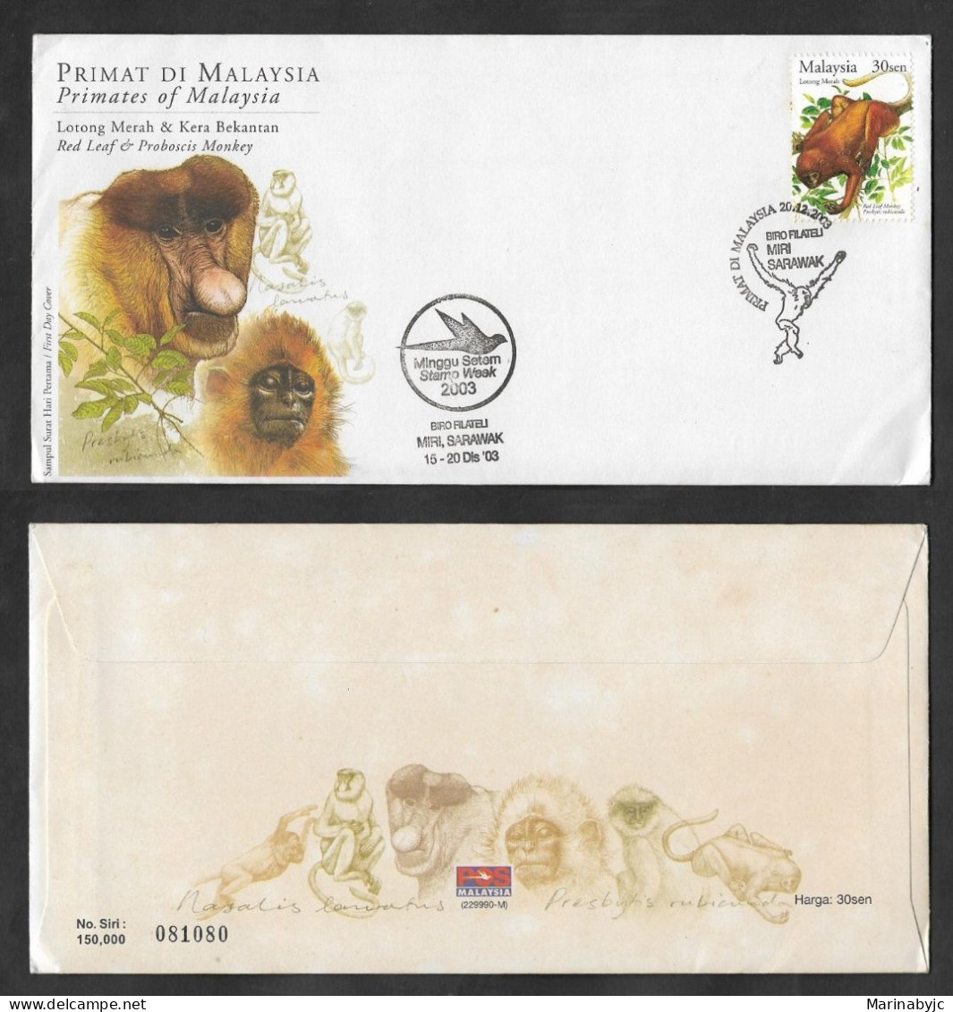 SE)2003 MALAYSIA  FIRST DAY COVER, FAUNA, PRIMATES OF MALAYSIA, RED LOTONG AND PROOS MONKEY, XF - Malaysia (1964-...)