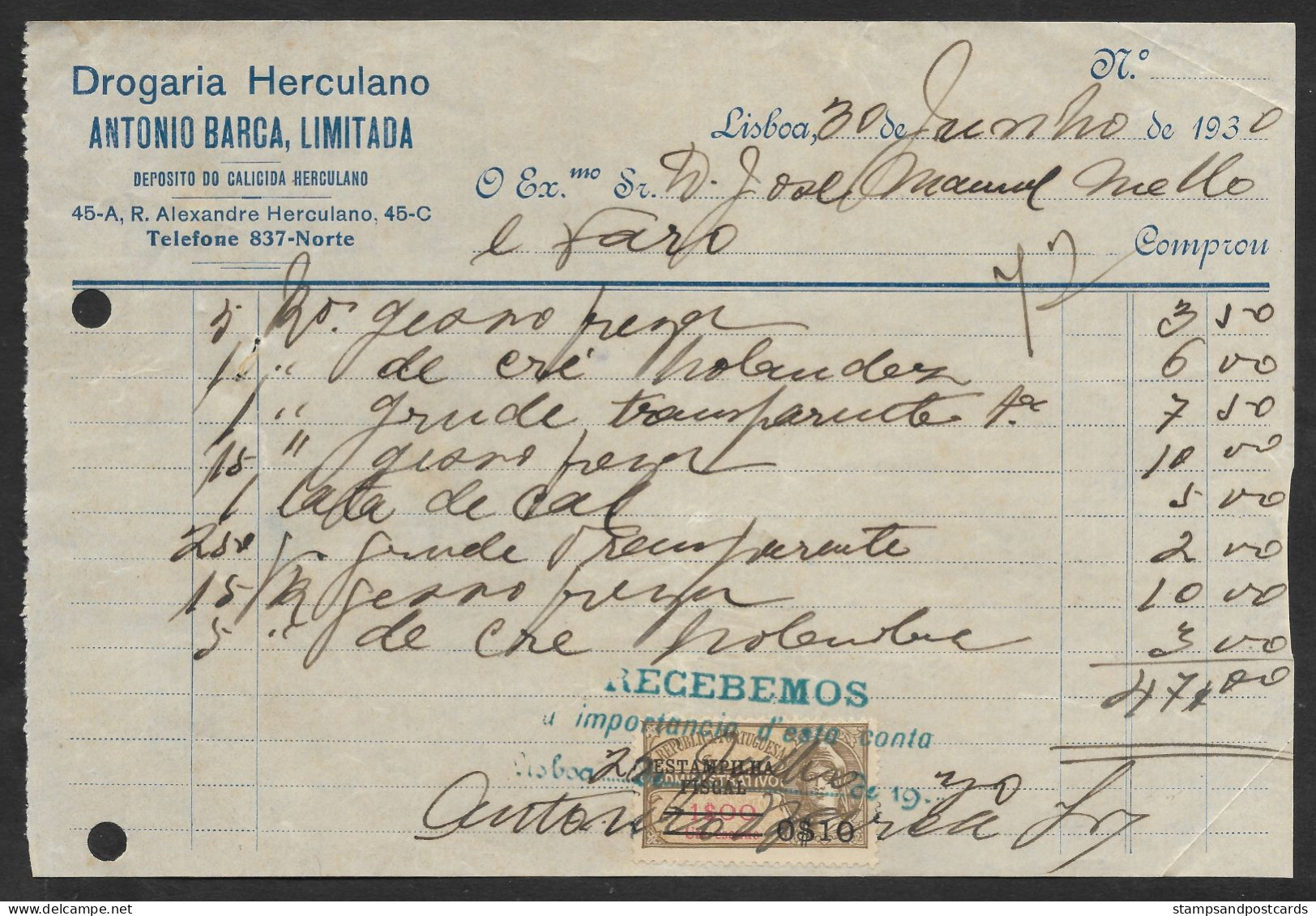 Portugal Facture 1930 Timbre Fiscal Avec Surcharge Sur Administrativo $10 On 1$ Overprint Revenue Stamp - Storia Postale
