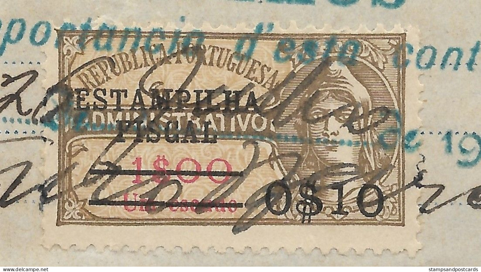 Portugal Facture 1930 Timbre Fiscal Avec Surcharge Sur Administrativo $10 On 1$ Overprint Revenue Stamp - Storia Postale