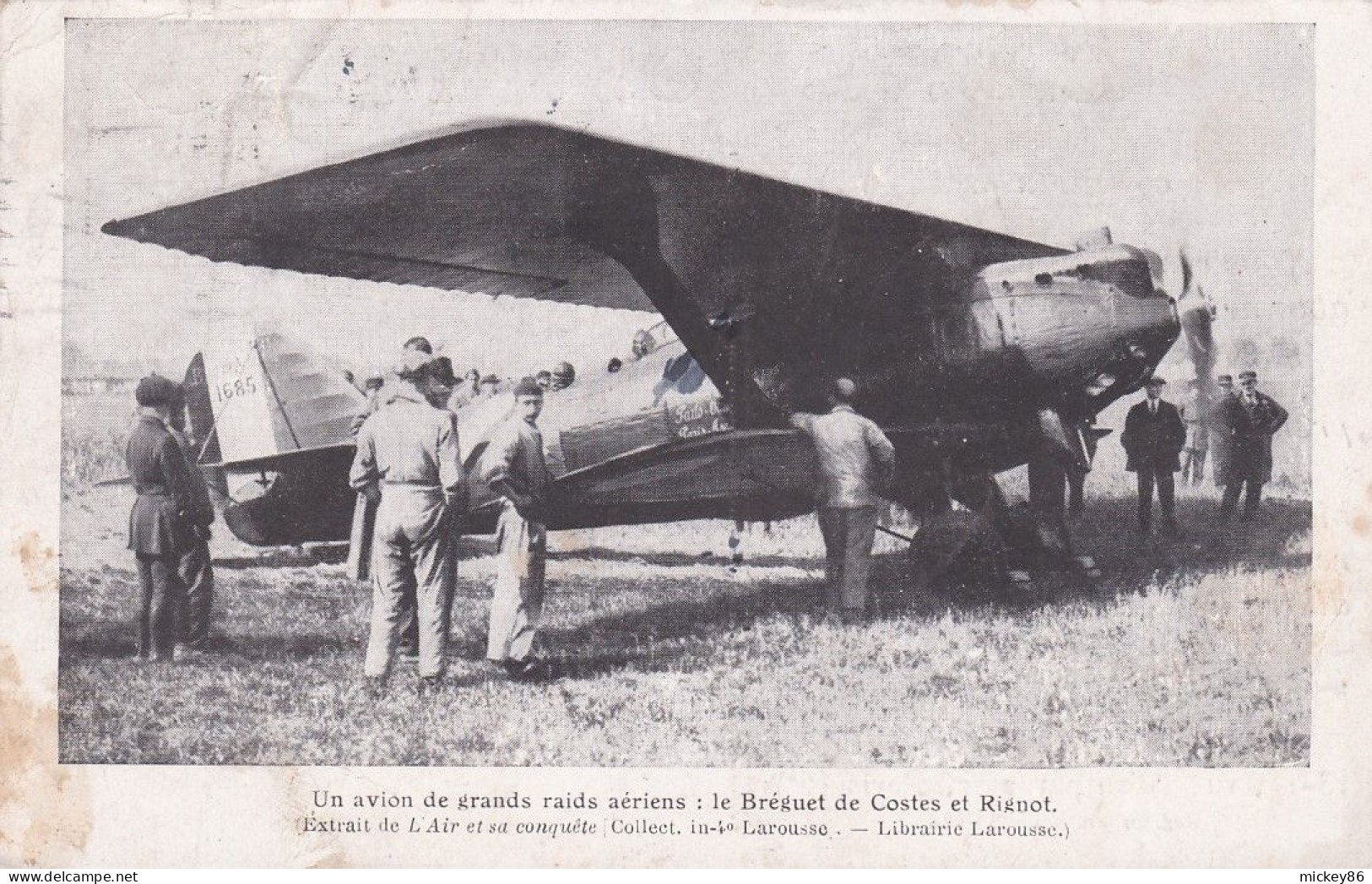 Avion-1929-Un Avion Grands Raids Aériens :  Bréguet De Costes Et Rignot (animée)-carte Pub  Librairie LAROUSSE ..cachet - 1919-1938: Between Wars