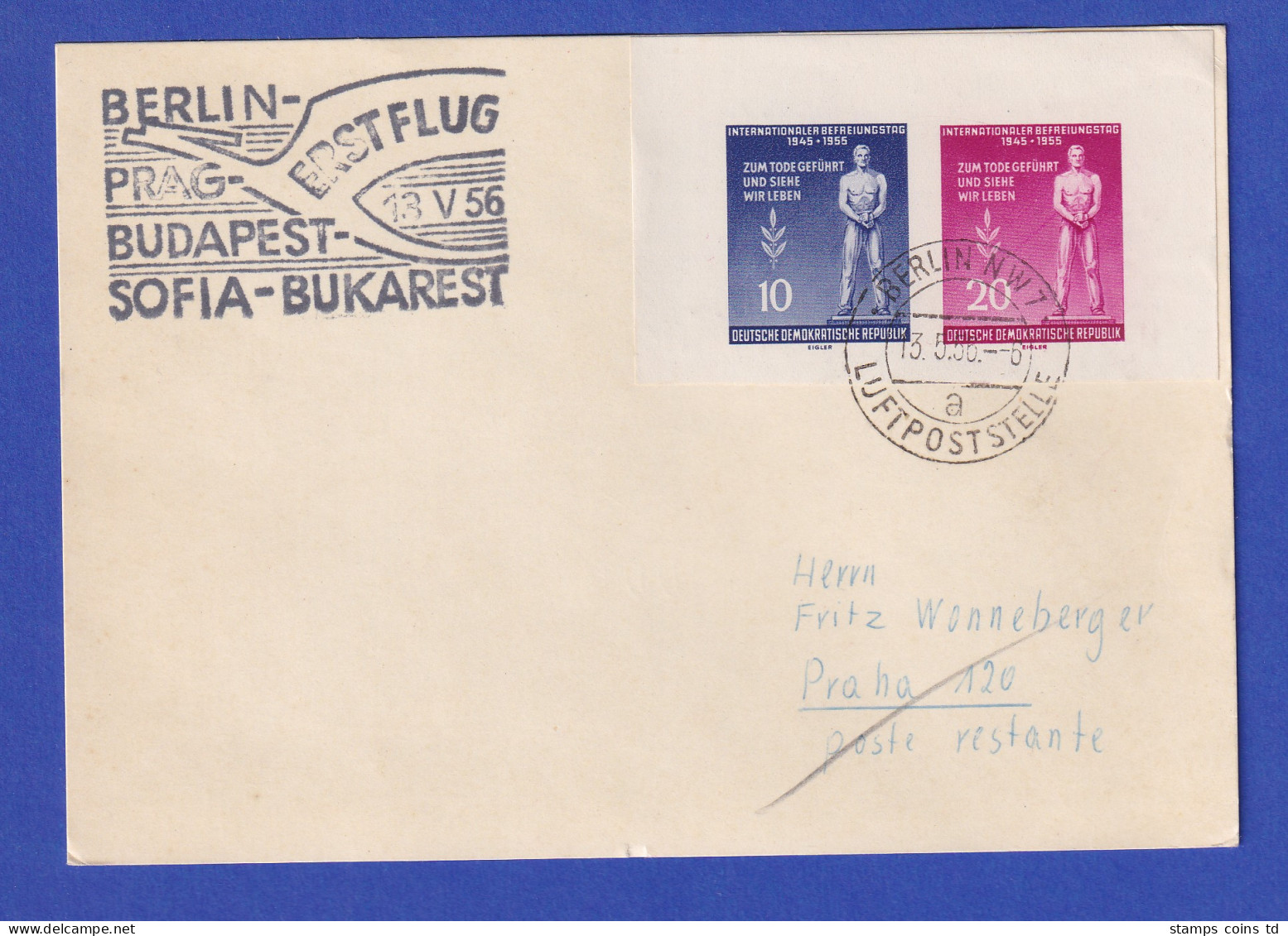 DDR 13.5.1956 Mi.-Nr. 459-60B Auf Karte Erstflug Berlin-Prag - Other & Unclassified