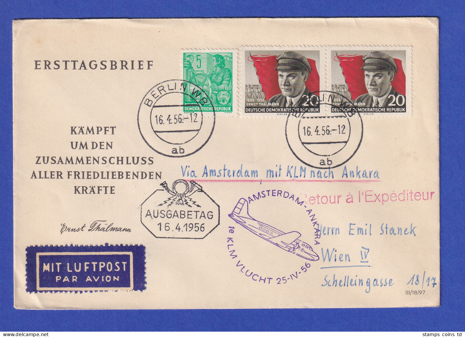 DDR Lp-Brief Ab Berlin Befördert Mit KLM über Amsterdam Nach Ankara, 16.4.56 - Autres & Non Classés