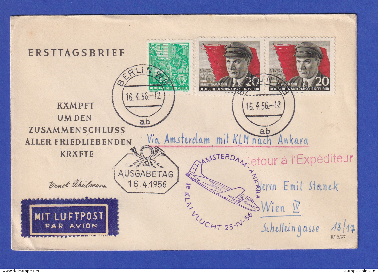 DDR Lp-Brief Ab Berlin Befördert Mit KLM über Amsterdam Nach Ankara, 16.4.56 - Sonstige & Ohne Zuordnung