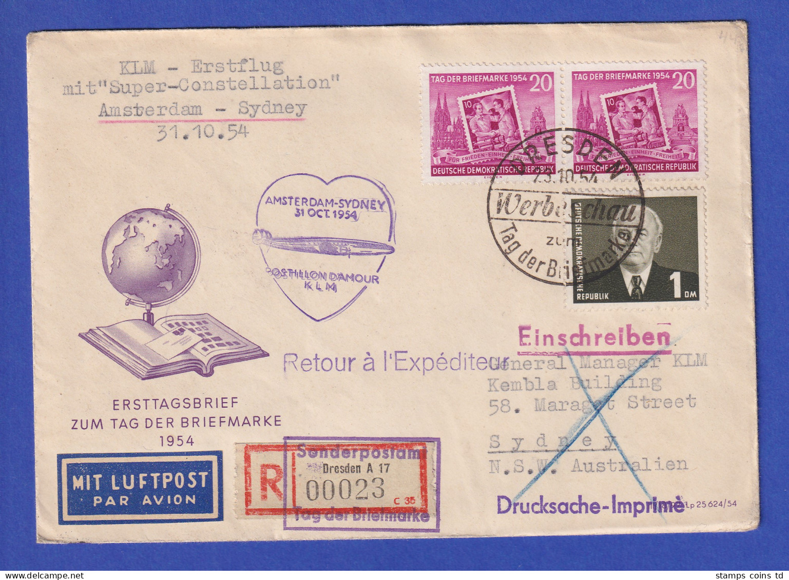 DDR Lp-R-Drucksache Ab DRESDEN Mit KLM Von Amsterdam Nach SYDNEY, 23.10.54 - Autres & Non Classés