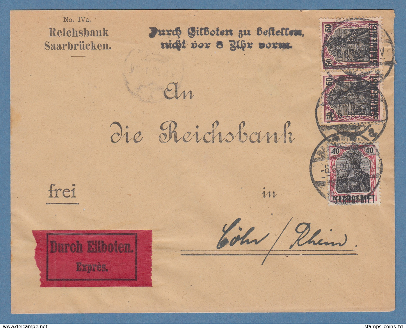 Saargebiet Mi.-Nr. 38 Waag. Paar Und 37 Auf Wert-Brief Aus Saarbrücken N. Köln - Cartas & Documentos