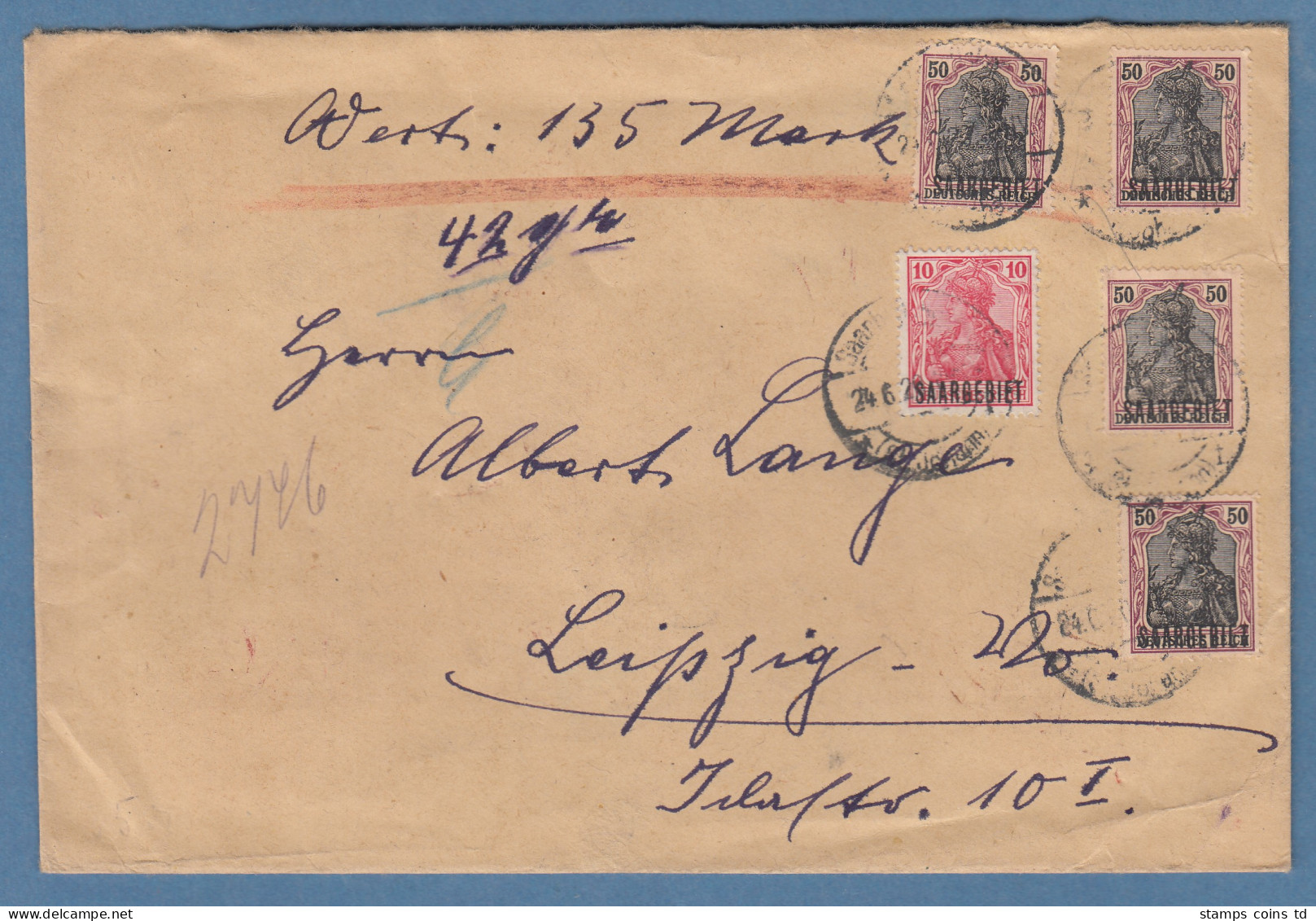 Saargebiet Germania Mi.-Nr. 38 4-fach In MIF Auf Wert-Brief Aus Saarbrücken  - Storia Postale