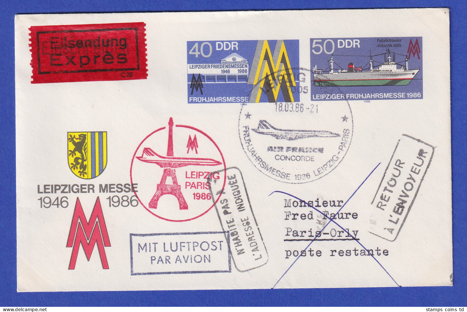 DDR 1986 So.-Ganzsache Leipziger Messe Mit So.-O CONCORDE Leipzig-Paris 18.3.86 - Other & Unclassified