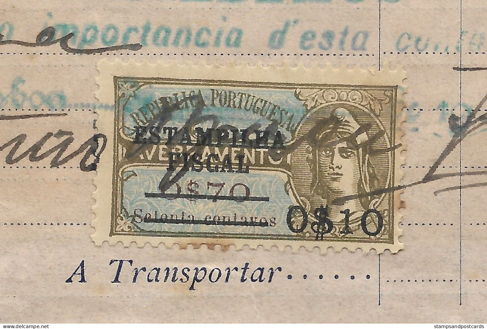 Portugal Facture 1930 Timbre Fiscal Avec Surcharge Sur Averbamento $10 On $70 Overprint Revenue Stamp - Cartas & Documentos