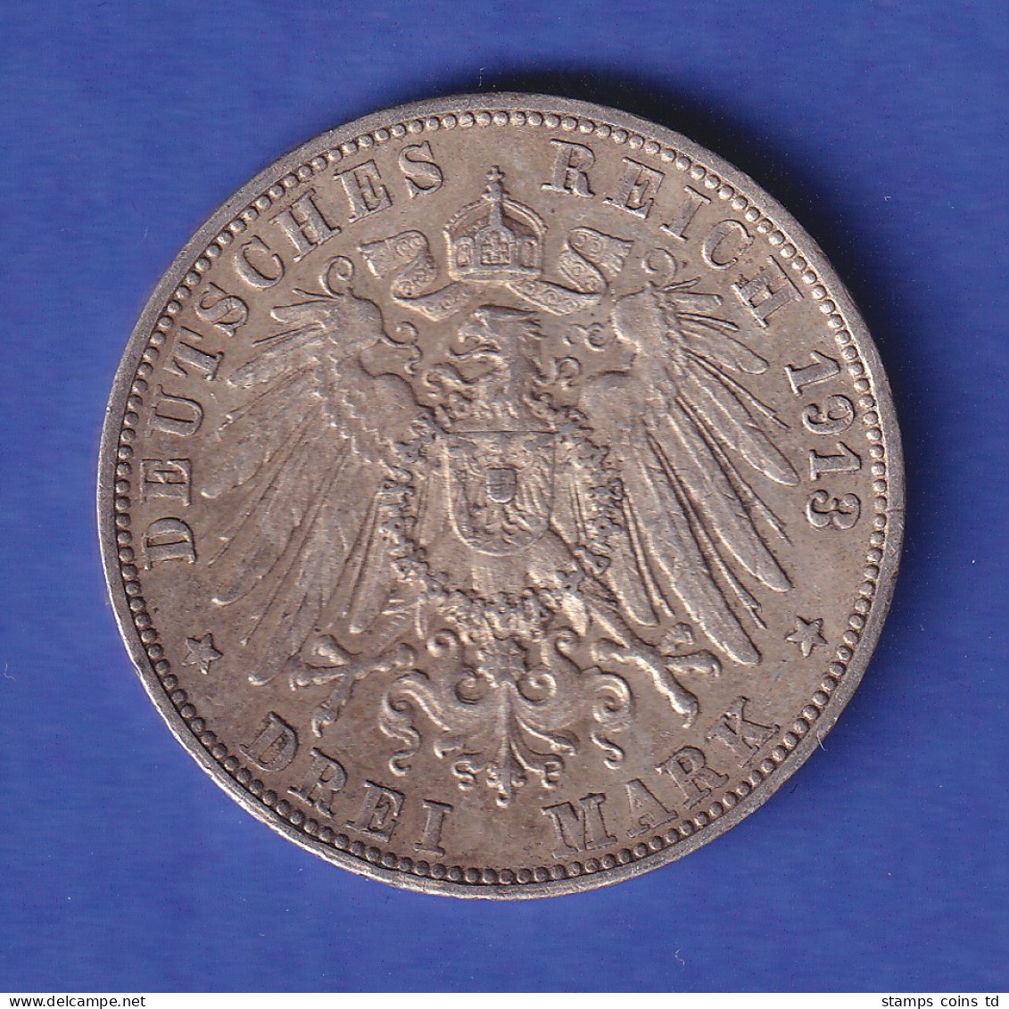 Württemberg Silbermünze 3 Mark König Wilhelm II. 1913 F Vz - Autres & Non Classés