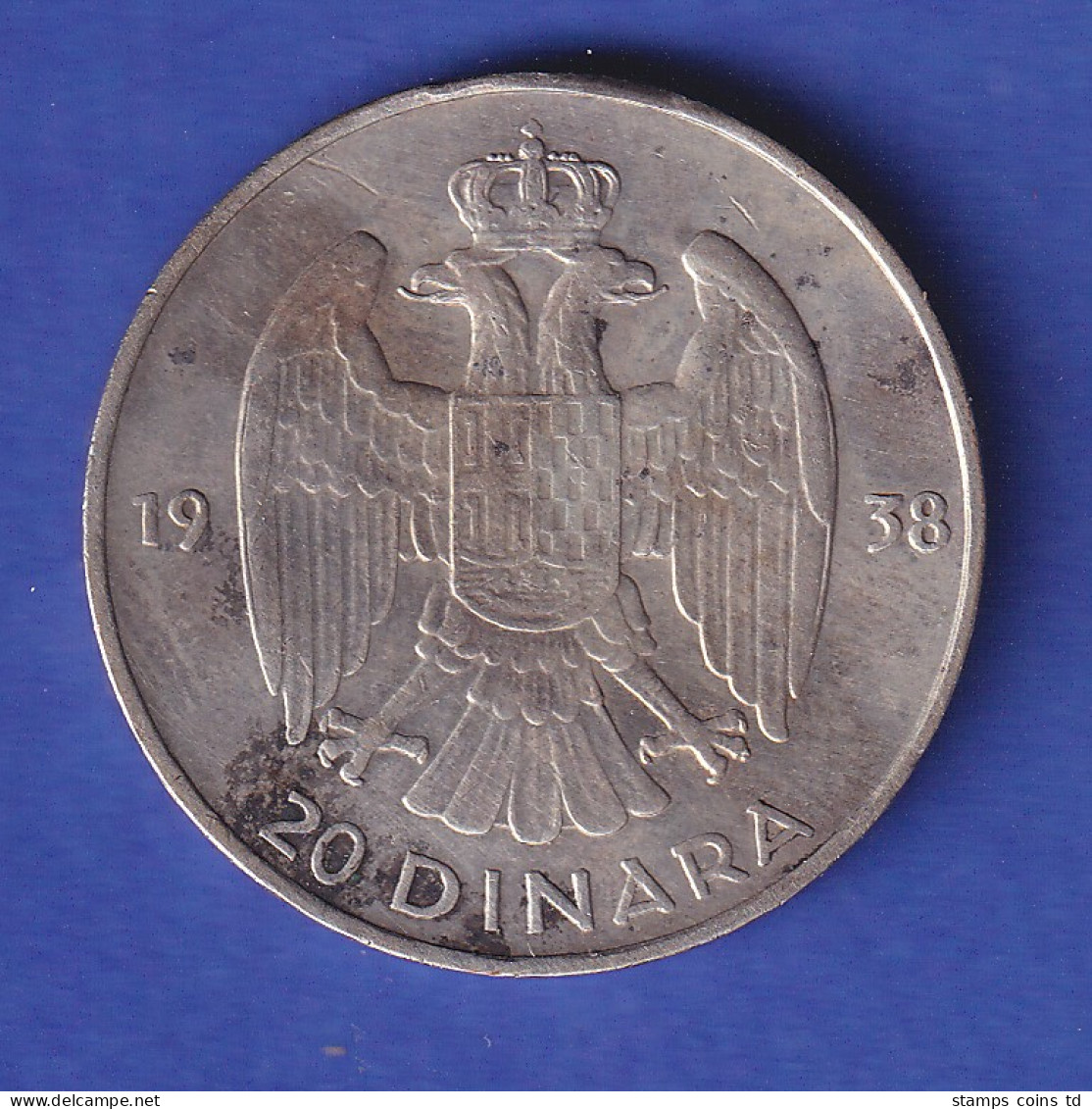 Jugoslawien Silbermünze 20 Dinar König Peter II. 1938 - Ungarn