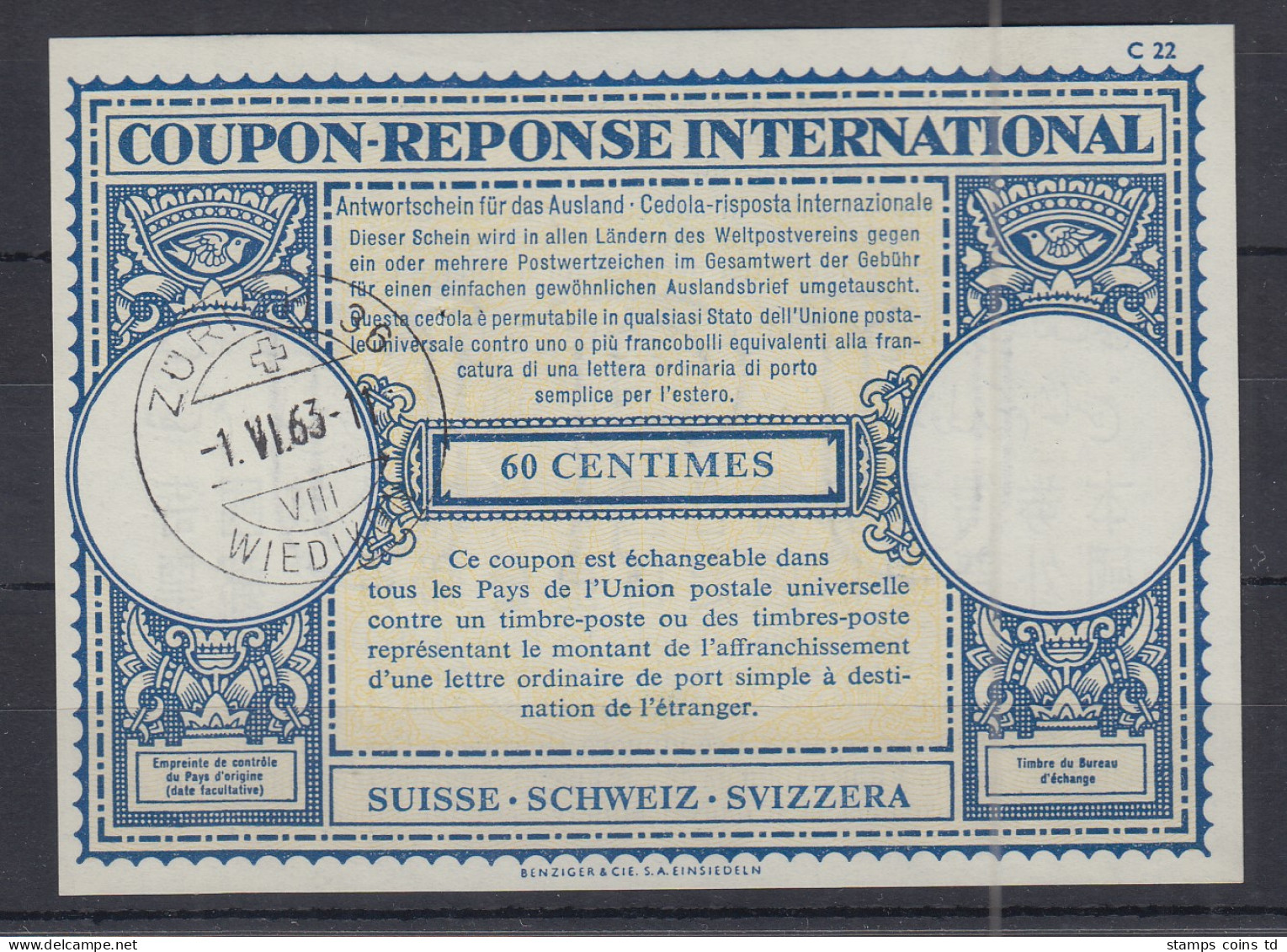 Schweiz Internationaler Antwortschein IAS 60 Centimes Gestempelt ZÜRICH 1963 - Otros & Sin Clasificación