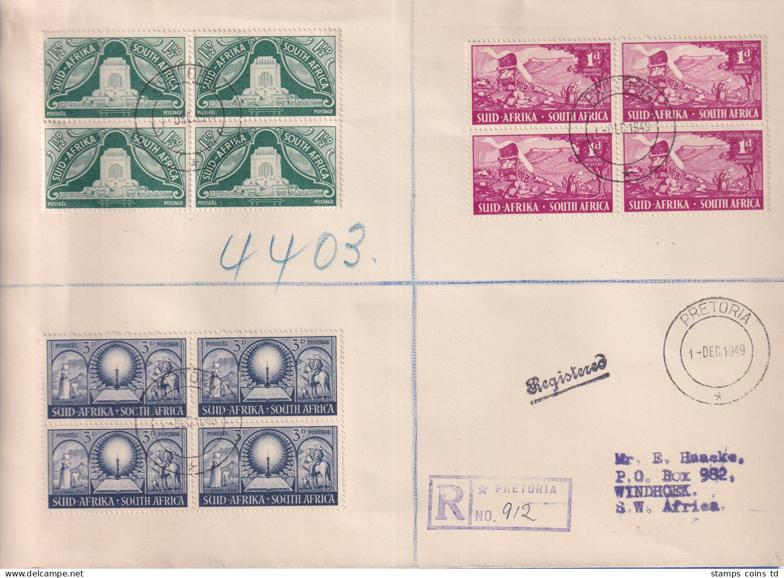 Südafrika 1949 Voortrekkerdenkmal Mi.-Nr. 217-219 Viererblocks, R-FDC O PRETORIA - Sonstige & Ohne Zuordnung