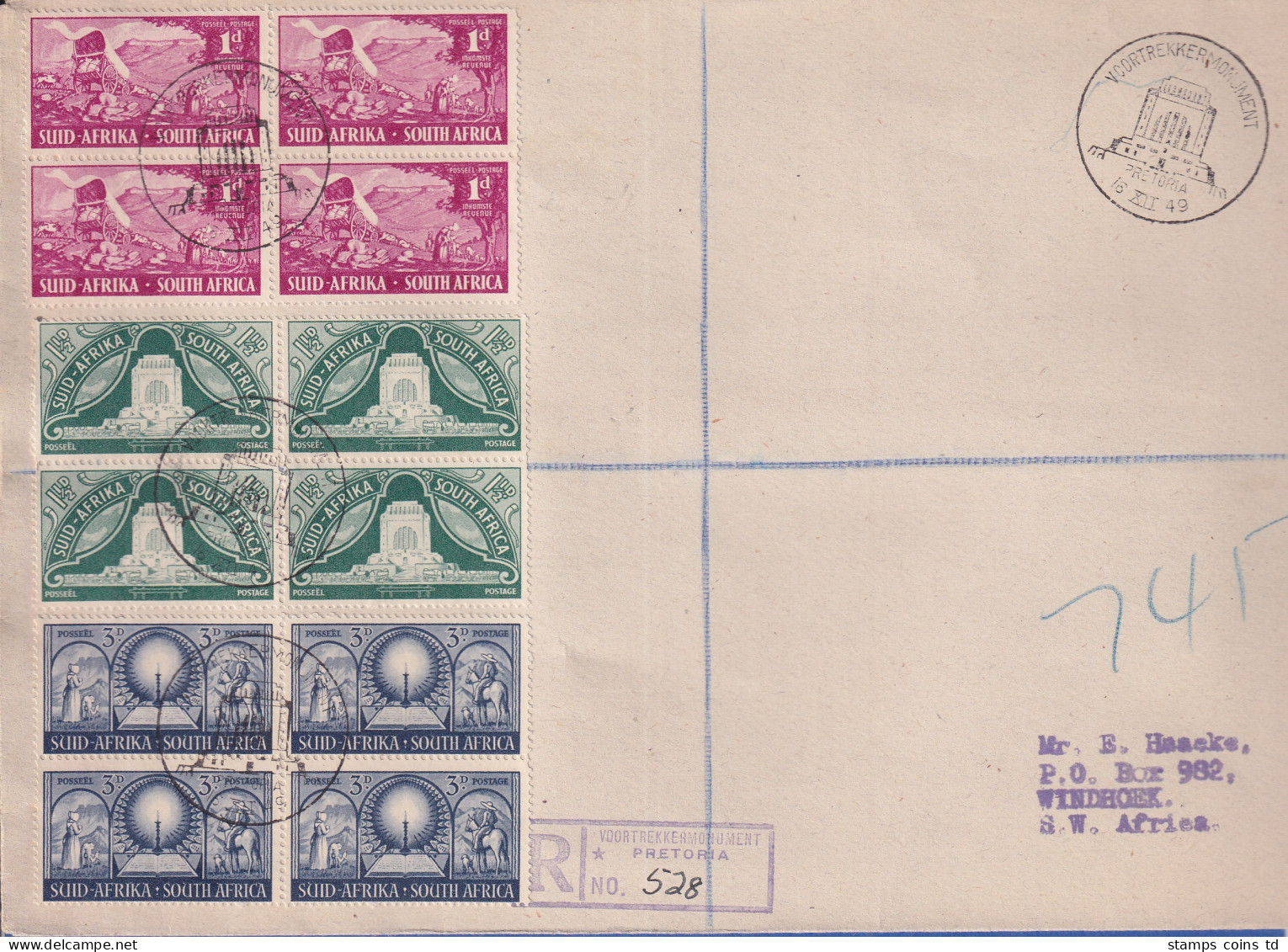 Südafrika 1949 Voortrekkerdenkmal Mi.-Nr. 217-219 Viererblocks, Brief O PRETORIA - Sonstige & Ohne Zuordnung