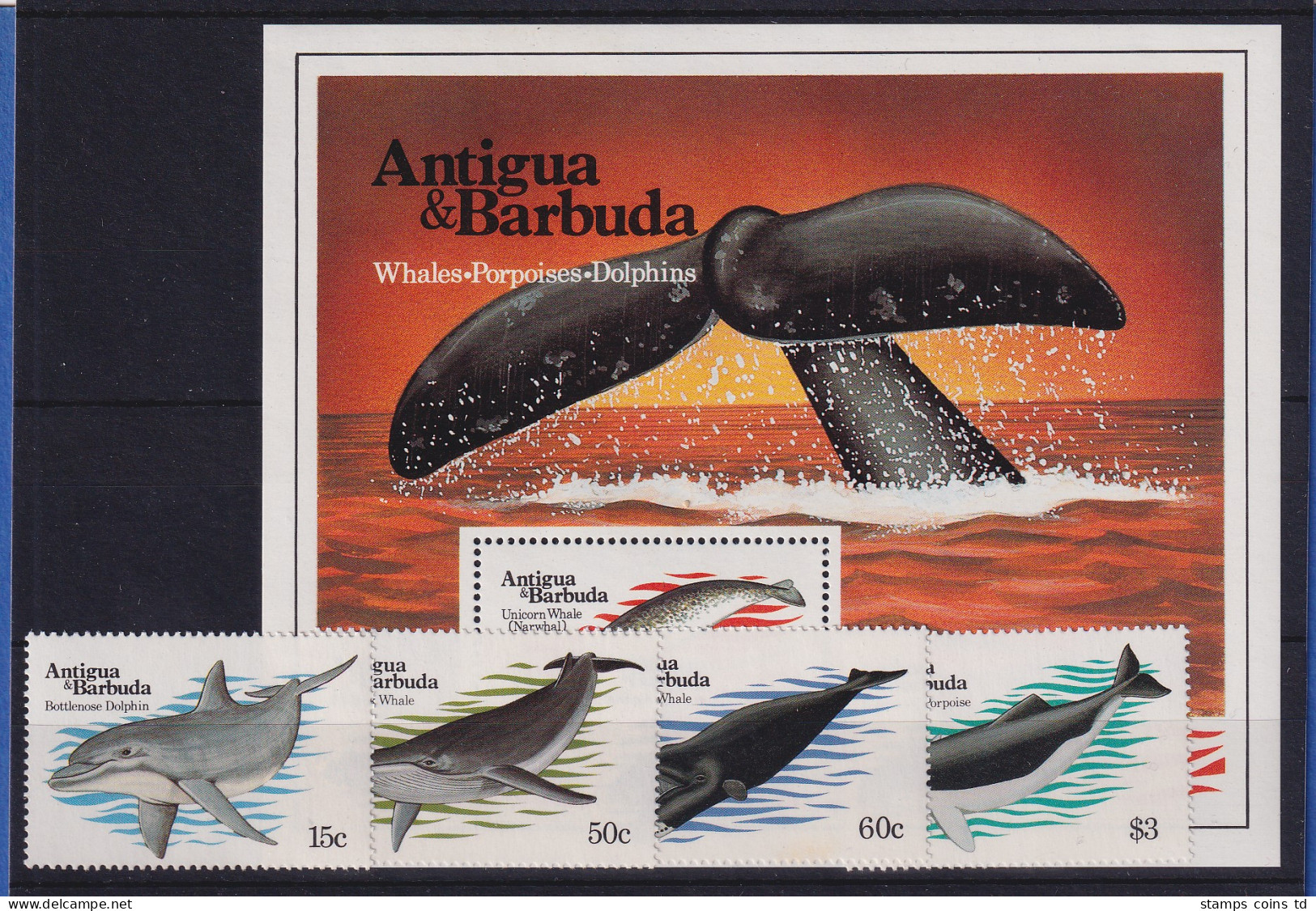 Antigua Und Barbuda 1983 Mi.-Nr. 714-717 Und Block 71 Postfrisch ** / MNH Wale - Antigua Y Barbuda (1981-...)