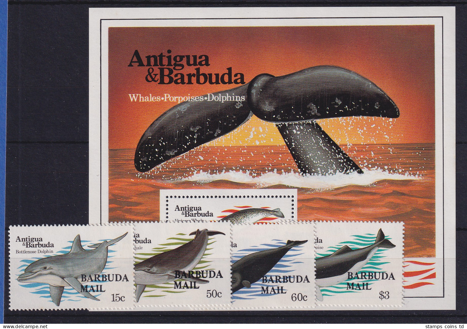 Barbuda 1983 Mi.-Nr. 663-666 Und Block 76 Postfrisch ** / MNH Wale - Antigua Et Barbuda (1981-...)