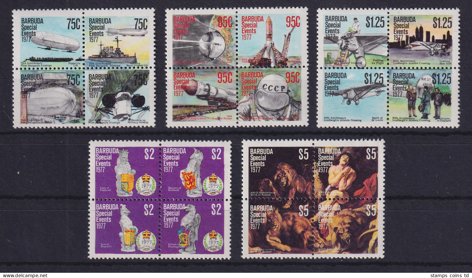 Barbuda 1977 Mi.-Nr.352-371, 5 Viererblocks Postfrisch ** / MNH Jahresereignisse - Antigua Y Barbuda (1981-...)