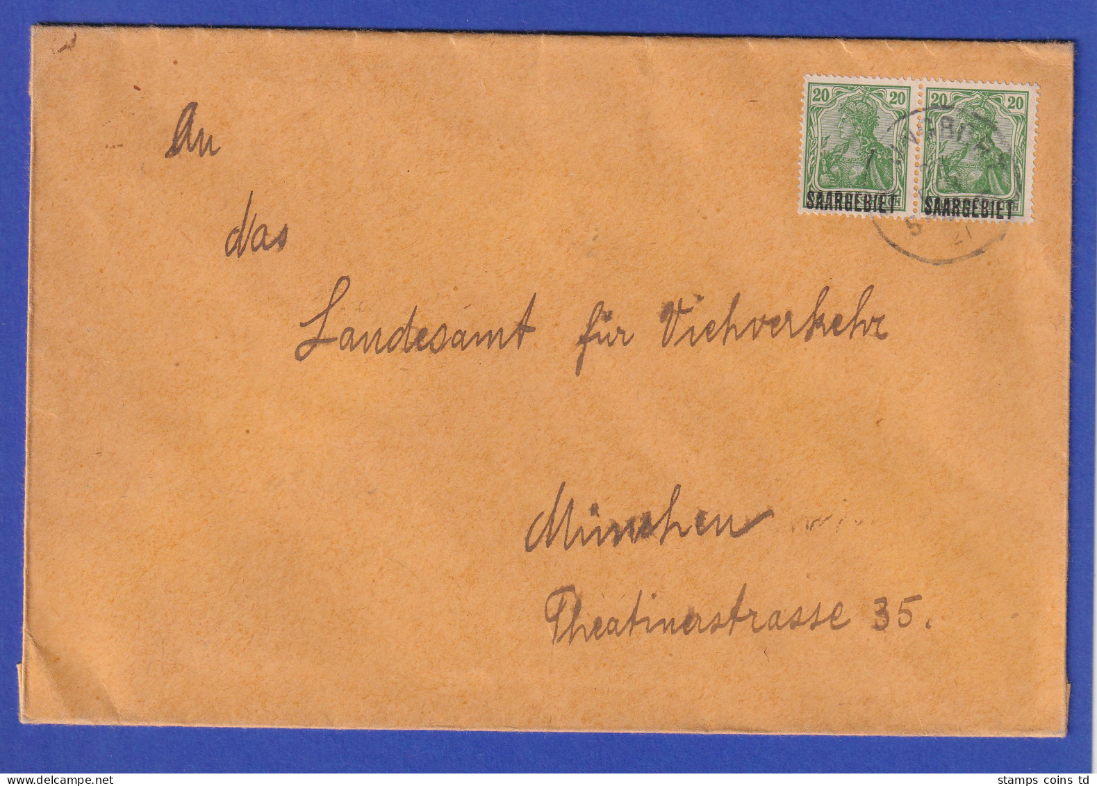 Saargebiet Germania 20Pfg Grün Mi-Nr 46 Waag. Paar Als MEF Auf Brief St. Ingbert - Storia Postale