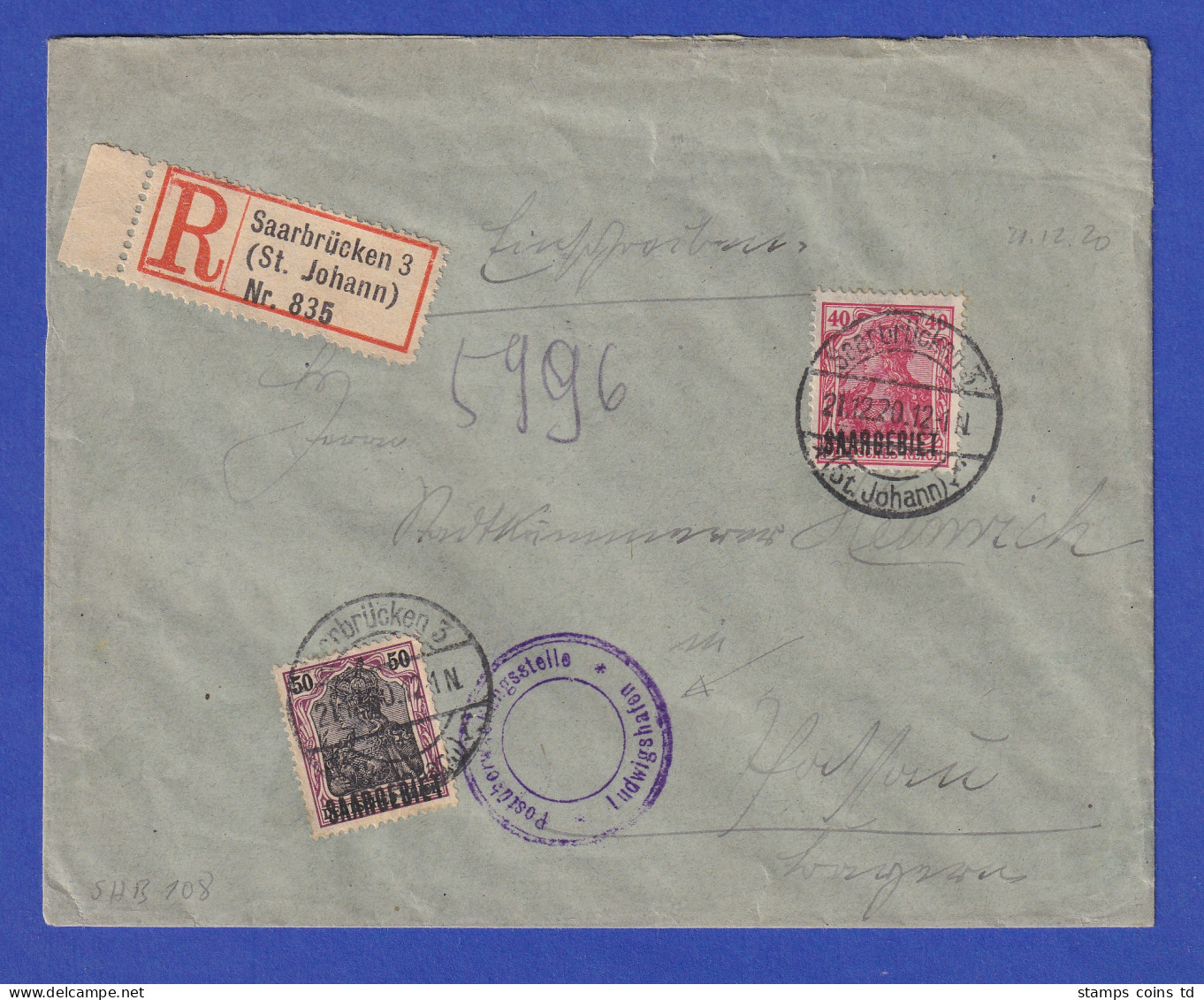 Saargebiet R-Brief Mit Germania Mi.-Nr. 38x Und 48,  O SAARBRÜCKEN 21.12.20 - Cartas & Documentos