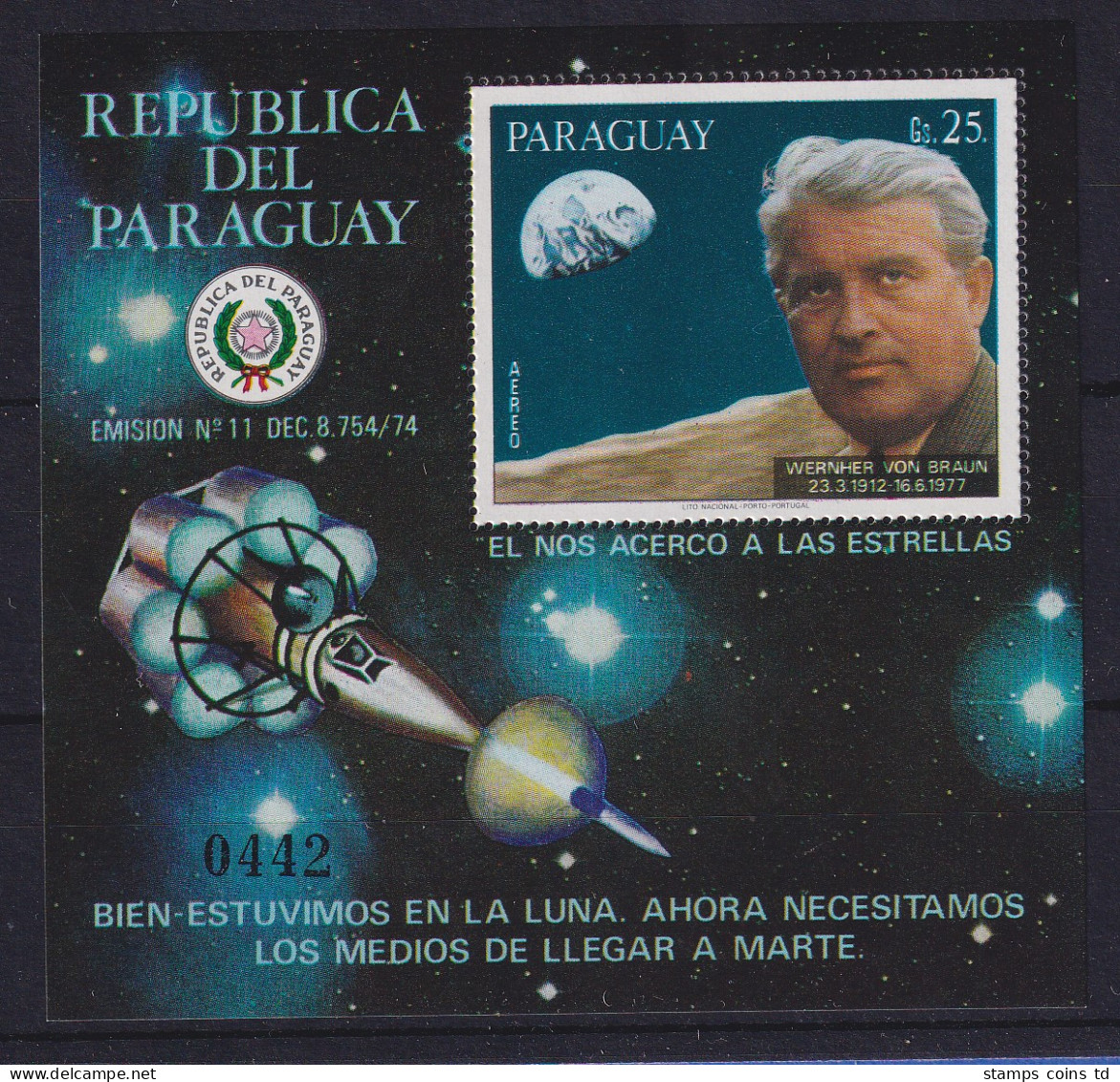 Paraguay 1977 Block Raumfahrt Wernher Von Braun Mi.-Nr. Block 308 Postfrisch ** - Paraguay