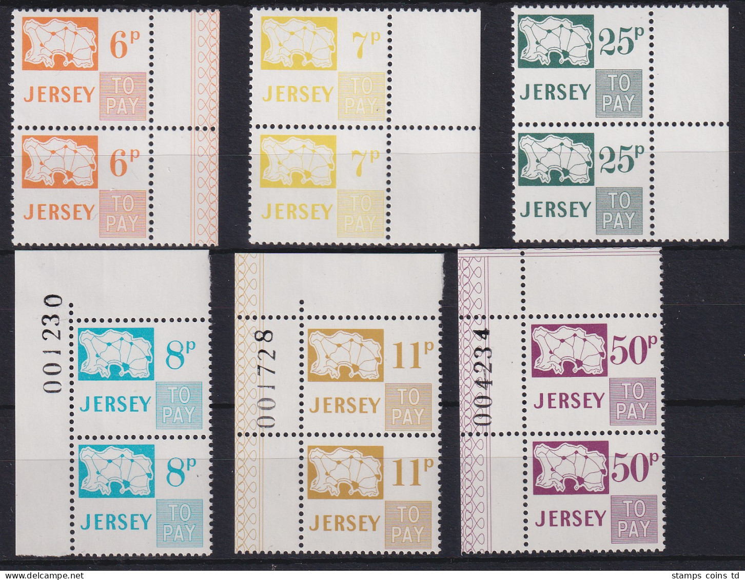 Jersey 1974 Portomarken Mi.-Nr. 15-20 Senkr. Seiten- Und Eckrandpaare ** - Jersey