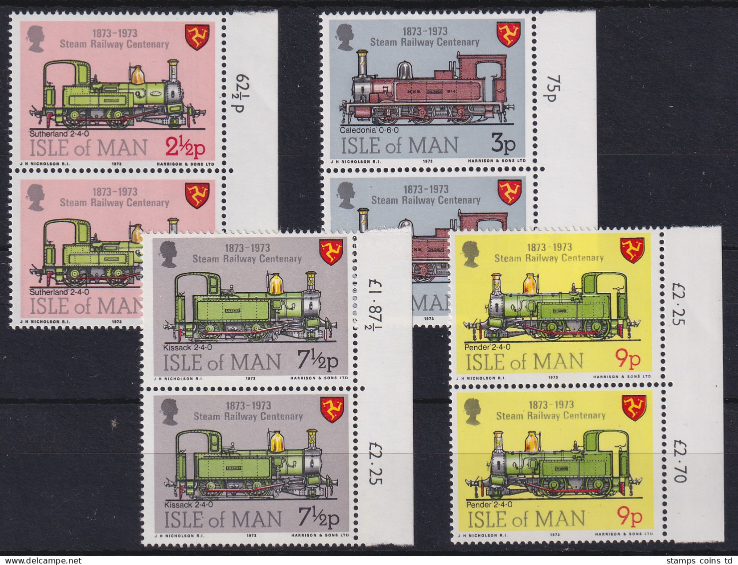 Isle Of Man 1973 100 Jahre Eisenbahn Mi.-Nr. 29-32 Senkr. Seitenrandpaare ** - Man (Insel)