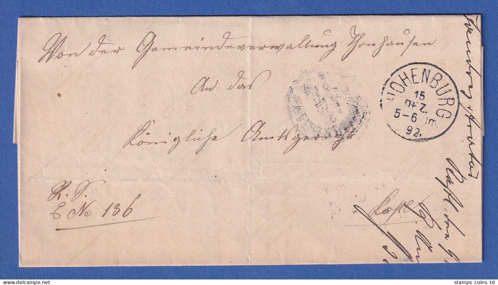 Bayern Unfrankierter Dienstbrief Mit Einkreisstempel HOHENBURG 1892 - Other & Unclassified