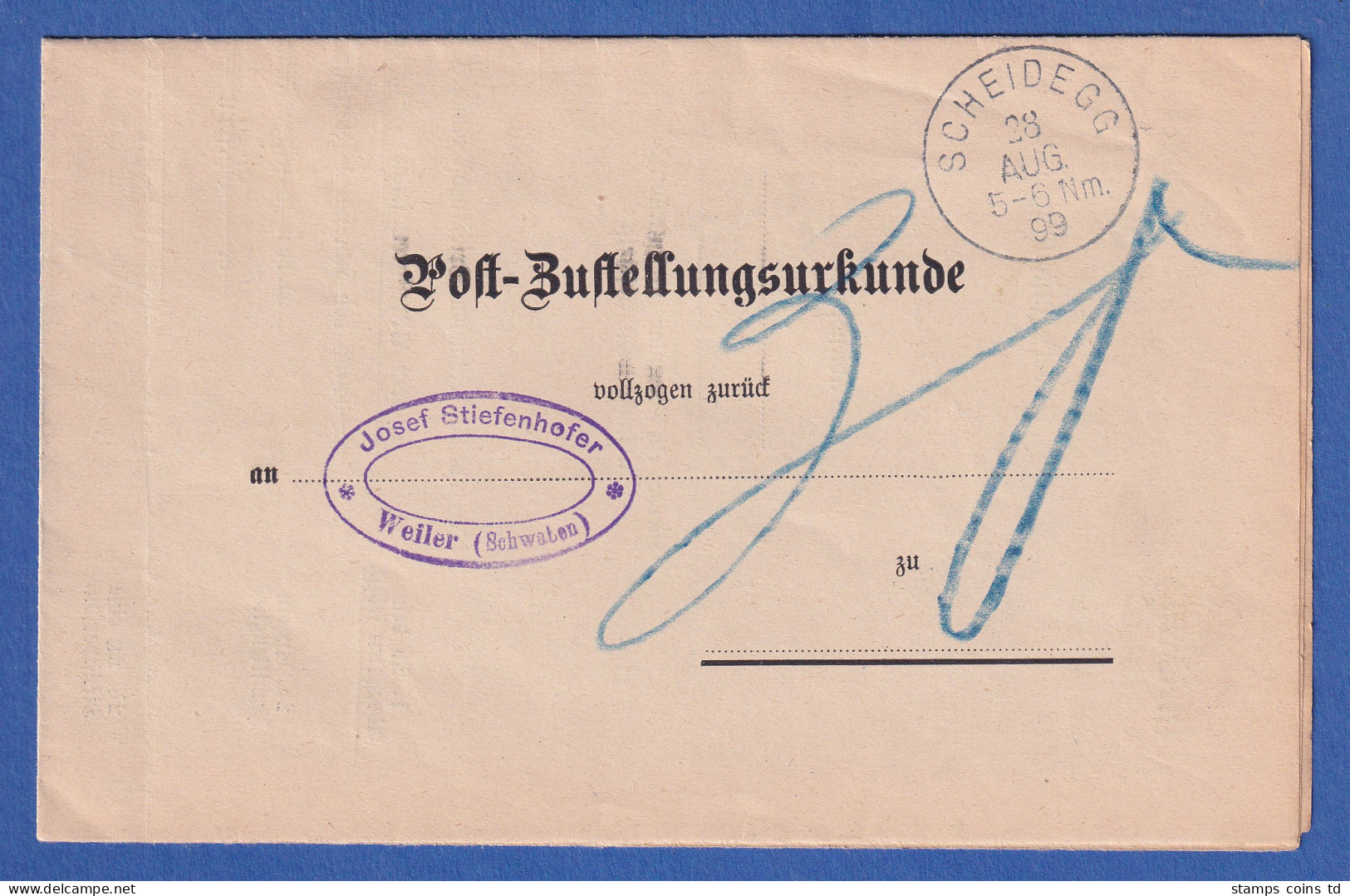 Bayern Unfrankierte Post-Zustellungsurkunde Mit Einkreisstempel SCHEIDEGG 1899 - Other & Unclassified