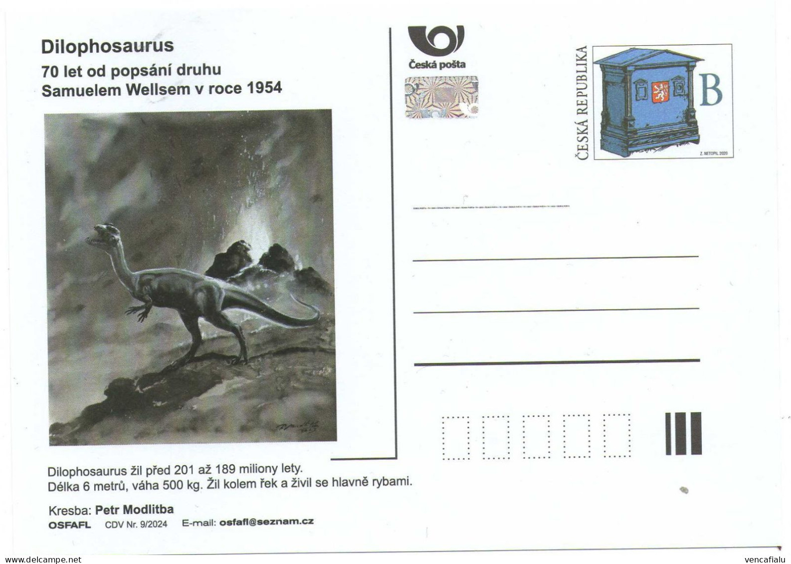 Czech Republic 2024 - Dilophosaurus, 70 Years From Description Species,  Special Postal Stationery, MNH - Prehistóricos