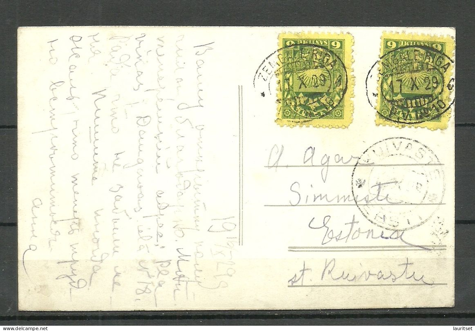 LATVIA Lettland O 1929 Zemgale-Riga Railway Cancel Post Card Sent To Estonia Estland Kuivastu - Lettonie