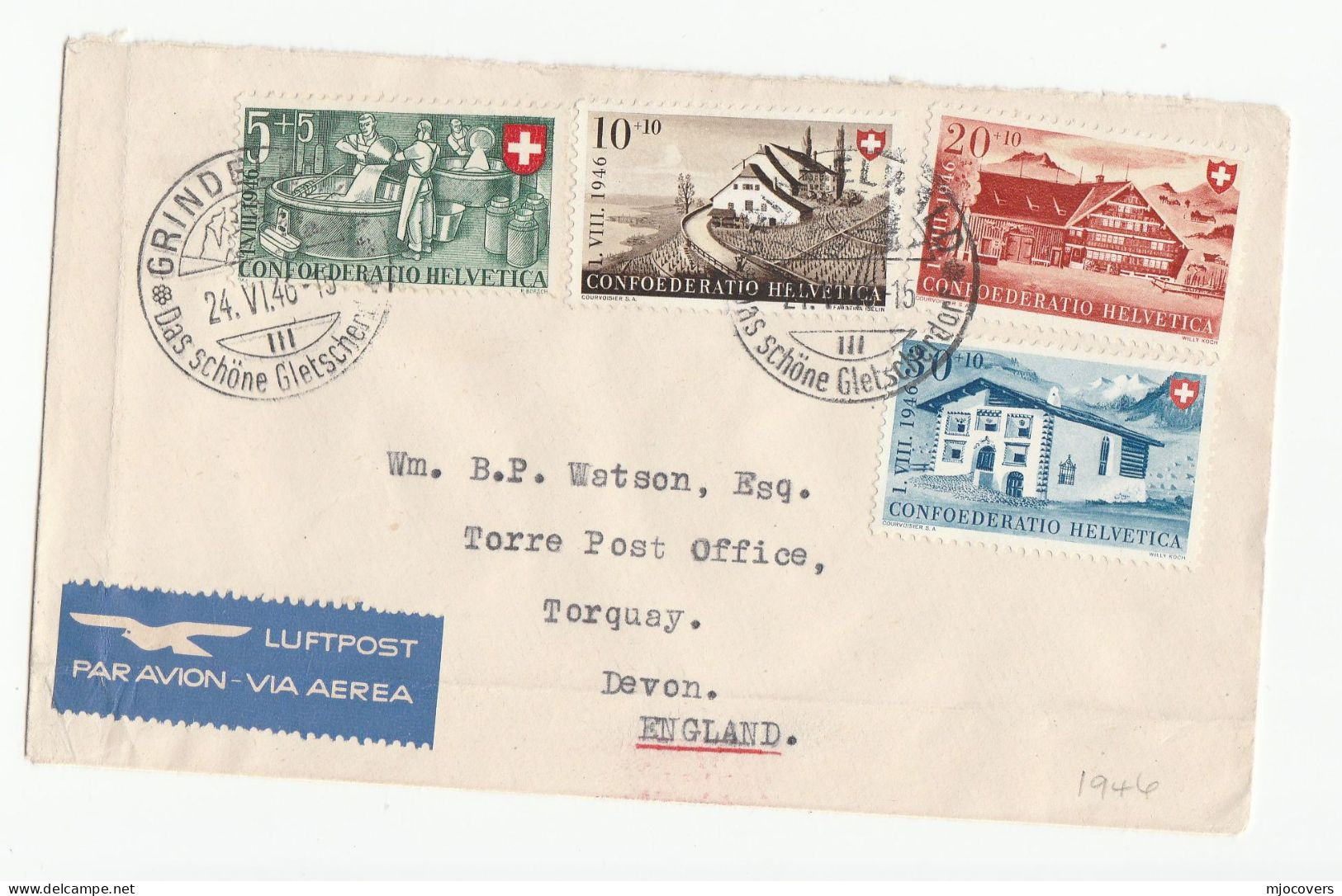 1946 Grindelwald Air Mail PRO PATRIA SET Cover SWITZERLAND To GB Stamps - Cartas & Documentos