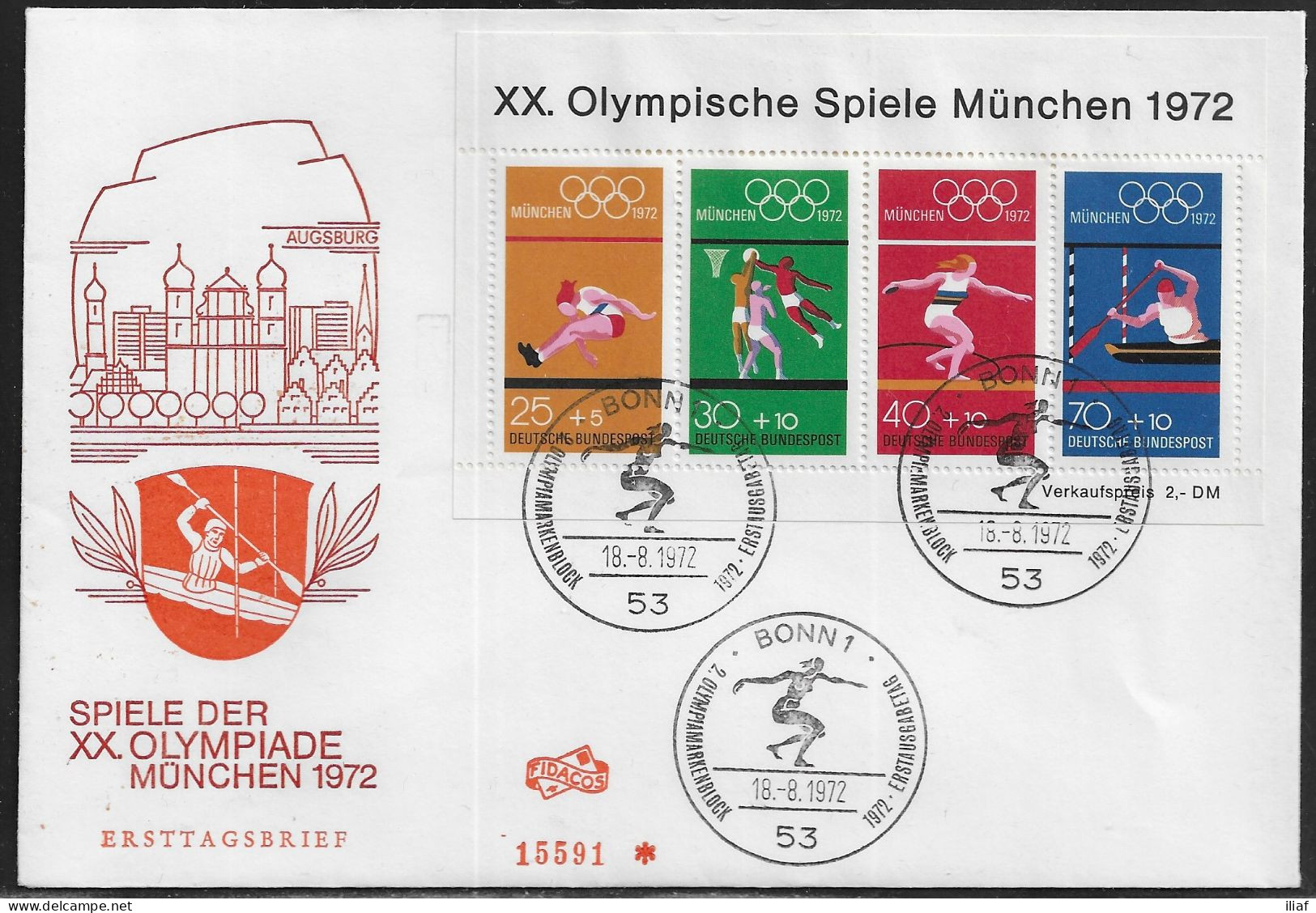 Germany. FDC Mi. BL8.  Summer Olympic Games 1972 - Munich.  Souvenir Sheet.  FDC Cancellation On Cachet Special Envelope - 1971-1980