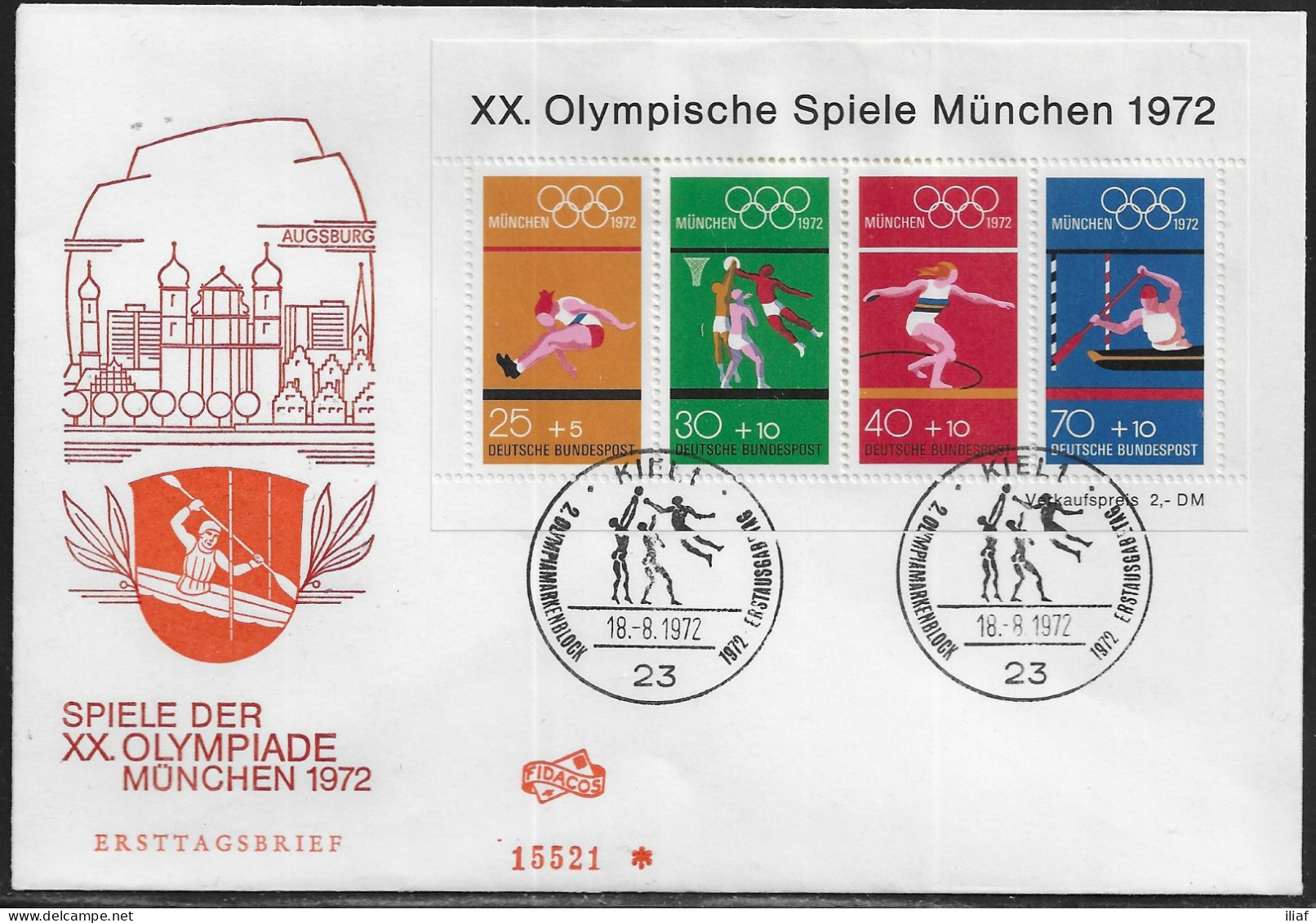 Germany. FDC Mi. BL8.  Summer Olympic Games 1972 - Munich.  Souvenir Sheet.  FDC Cancellation On Cachet Special Envelope - 1971-1980