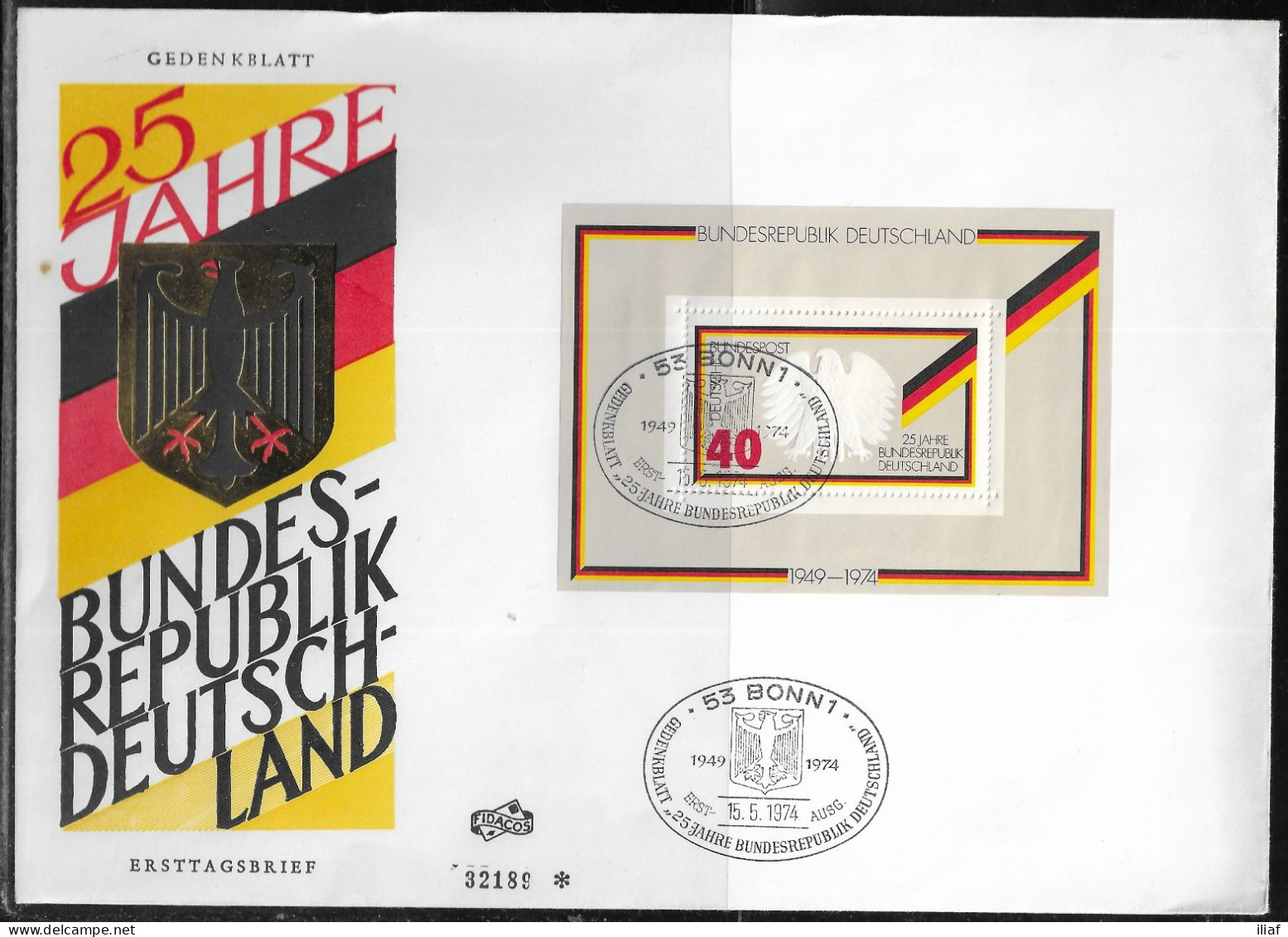 Germany. FDC Mi. BL10. Souvenir Sheet. 25 Years Federal Republic Of Germany. FDC Cancellation On Big Envelope No. 32189 - 1971-1980