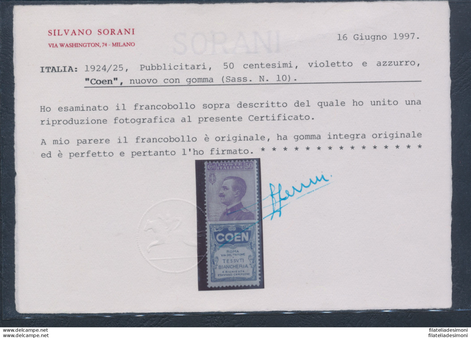1924 Italia - Regno ,  Pubblicitario N. 10, 50 Cent COEN Violetto E Azzurro , MN - Reclame
